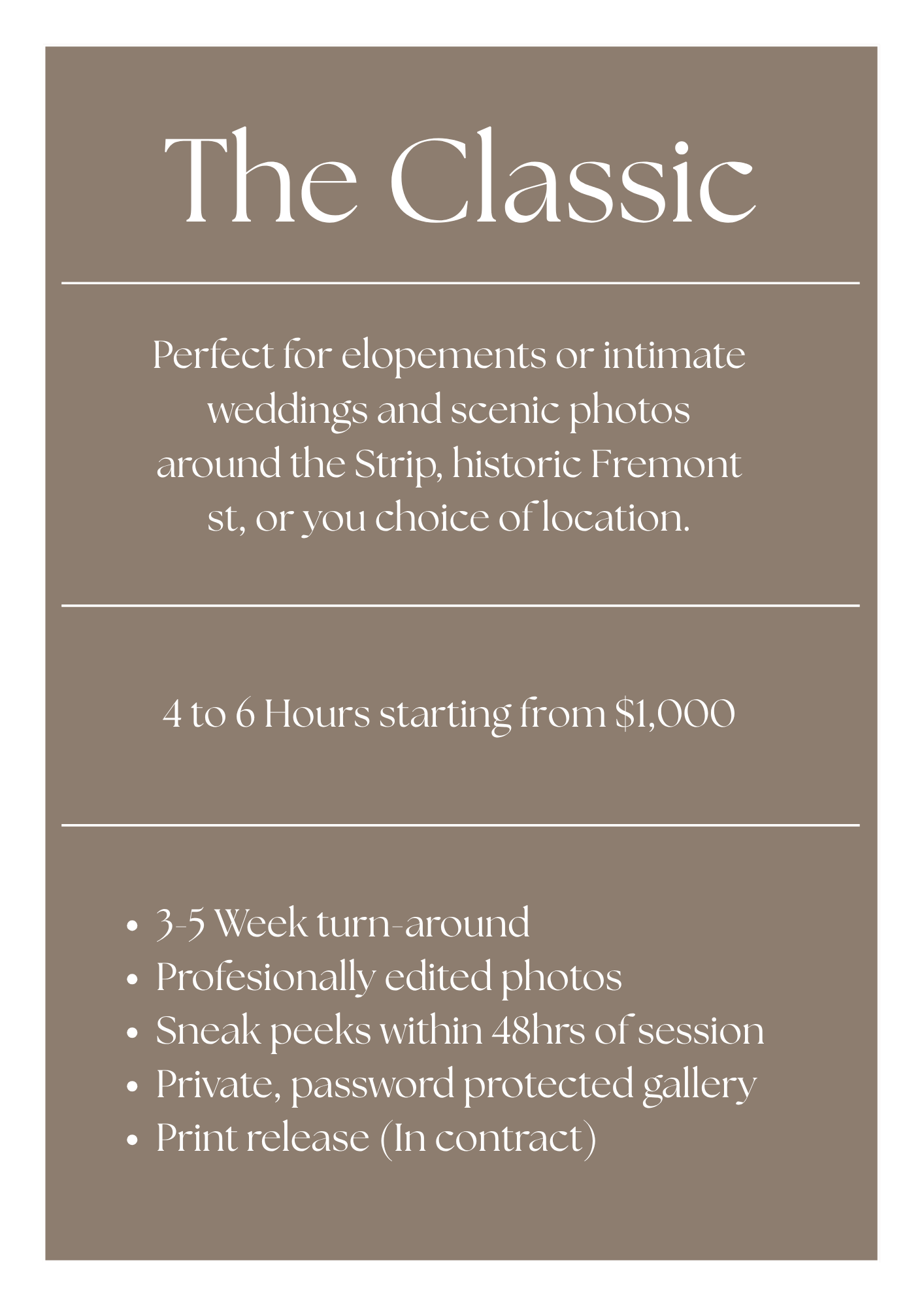 The Classic wedding photography package card offering 4-6 hours from $1,000, including edited photos and private gallery.