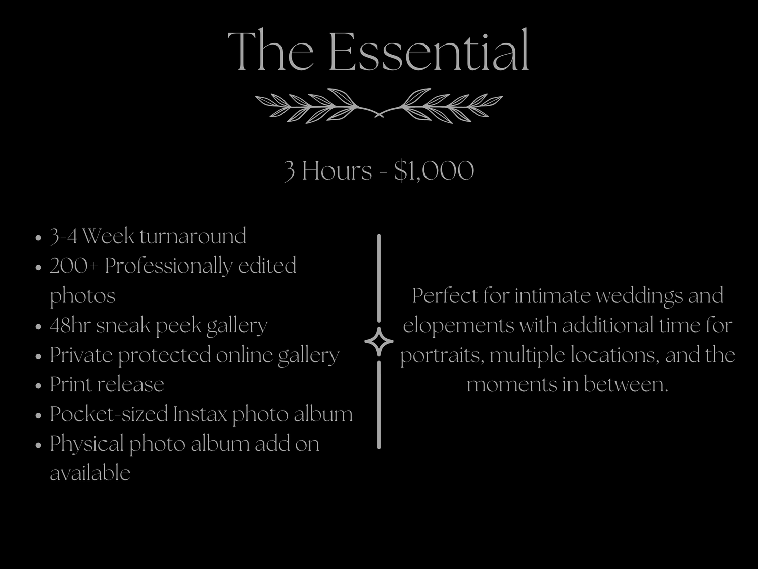 The Essential wedding photography package card showing 3-hour coverage for $1,000 with 200+ edited photos and gallery.