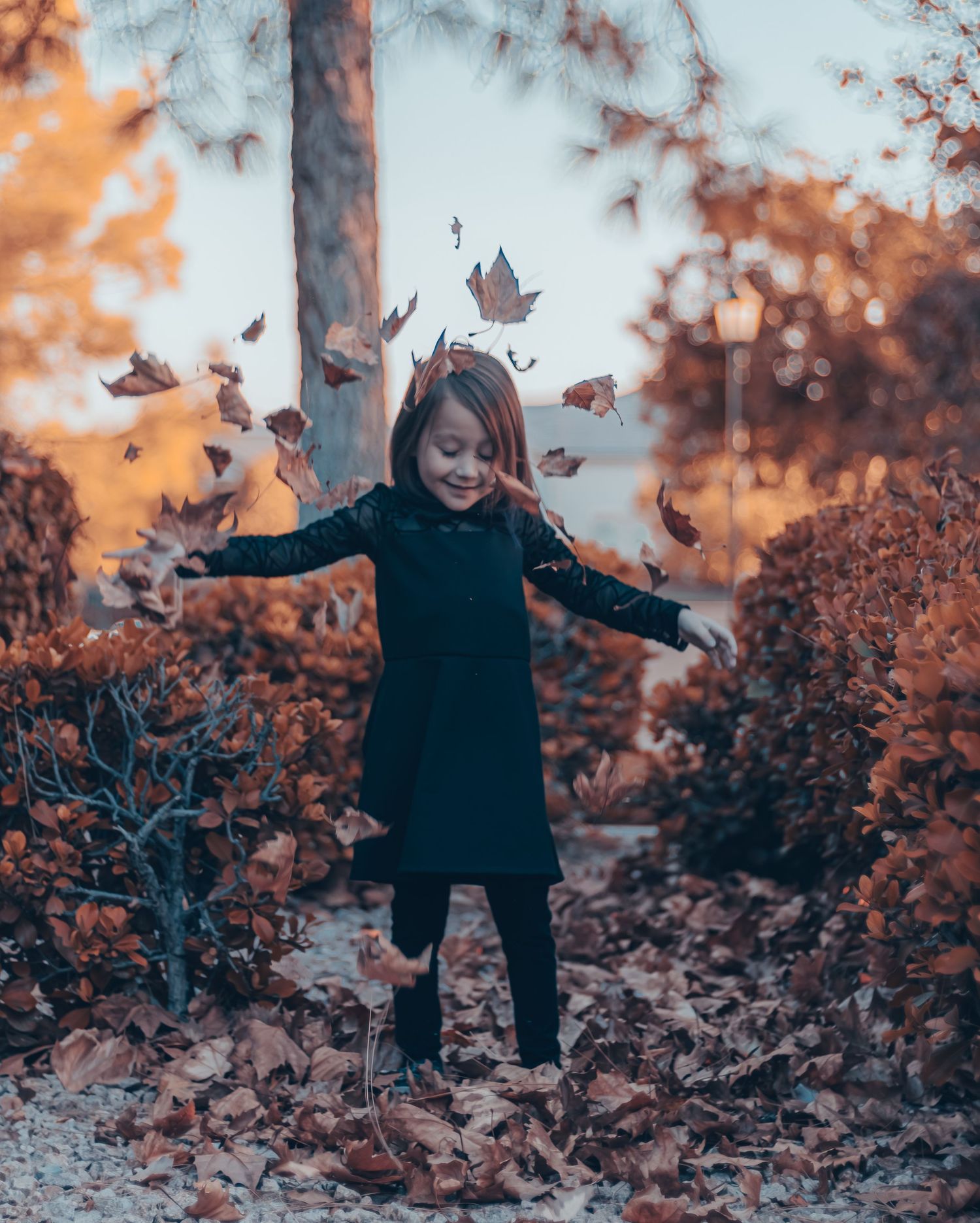 A joyful young girl in a black coat tosses autumn leaves into the air surrounded by fall foliage.