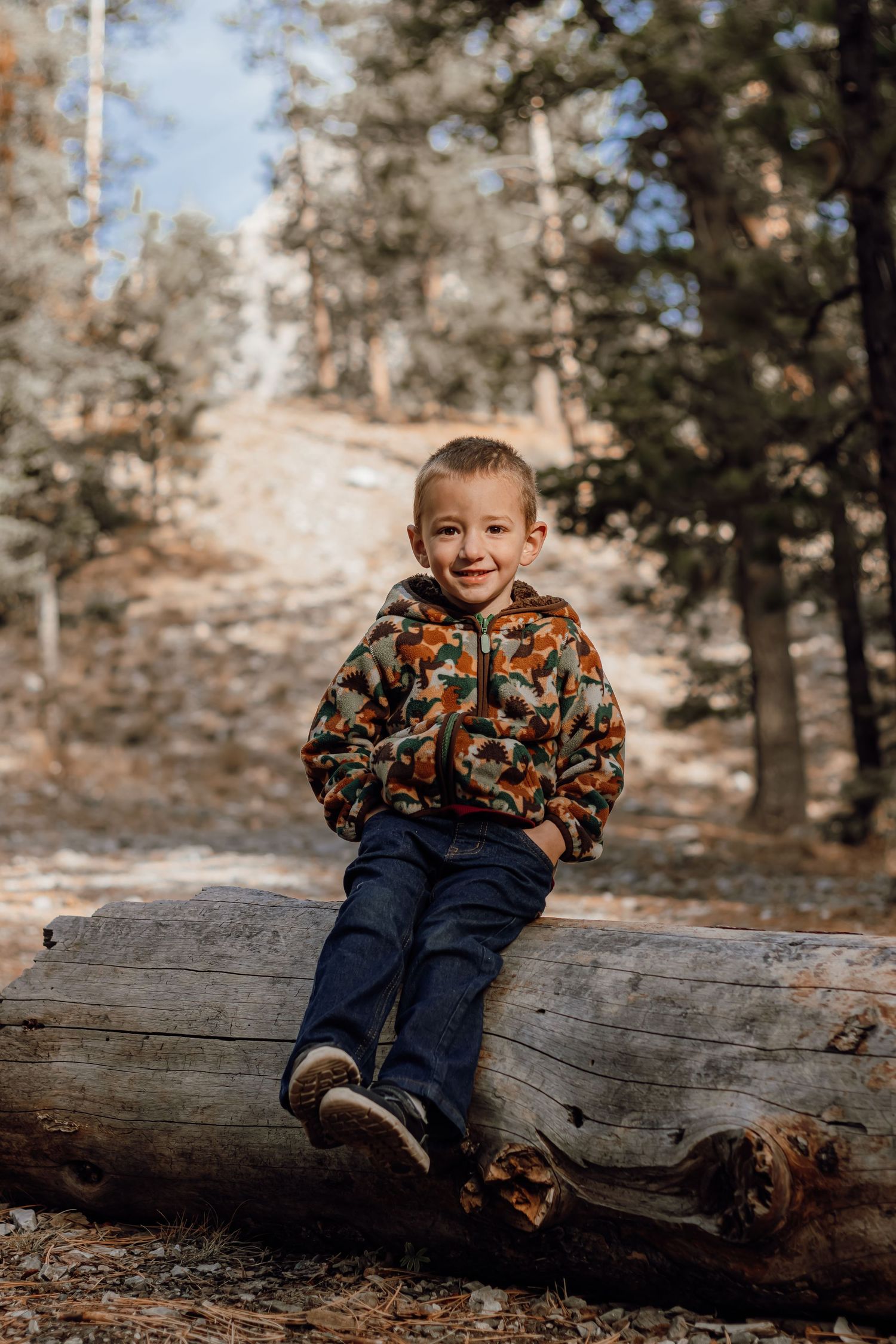 A smiling young boy in a camo hoodie sits on a fallen log in a sunny pine forest.