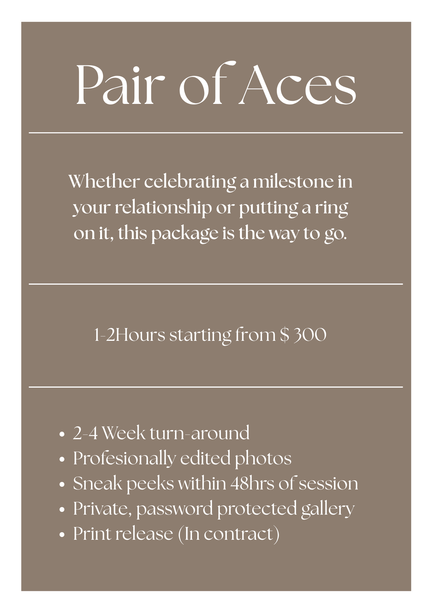Pair of Aces photography package card offering 1-2 hours from $300 with edited photos and private gallery.