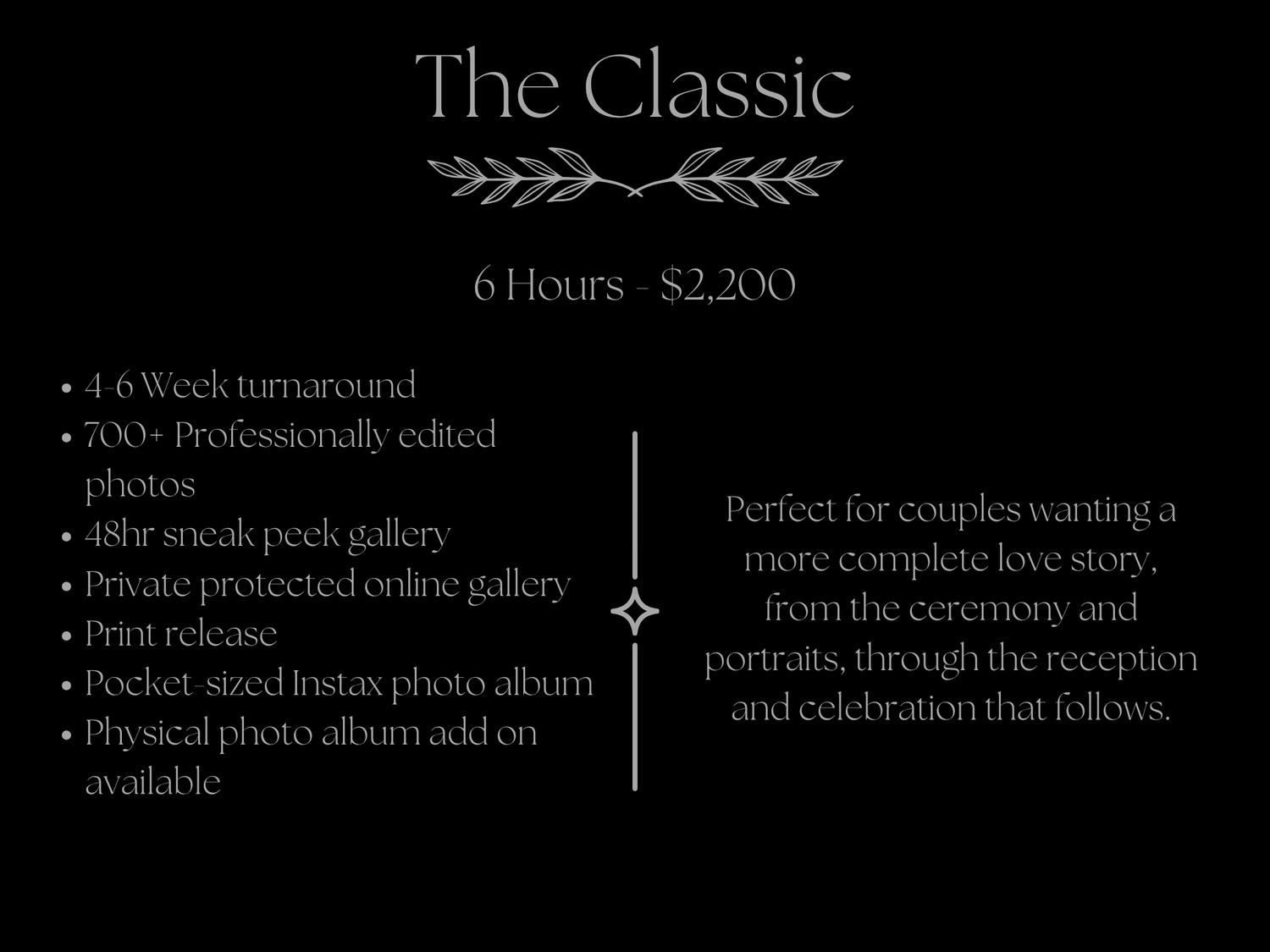 The Classic wedding photography package card showing 6-hour coverage for $2,200 with 700+ edited photos and album options.