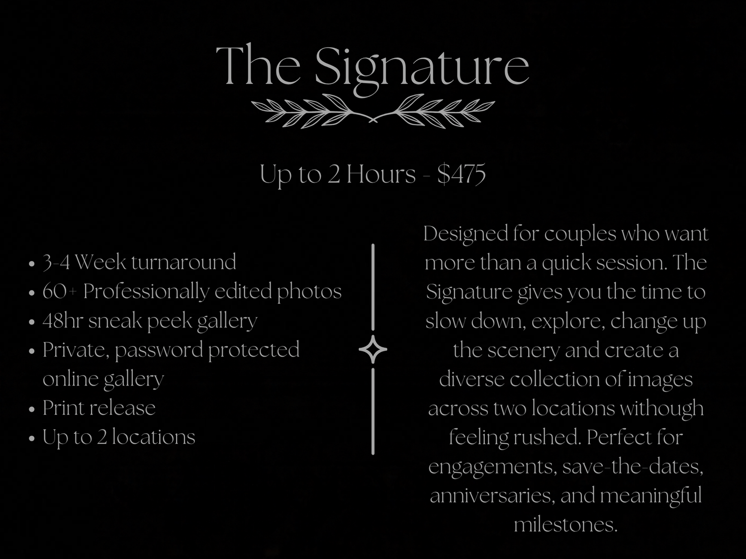 Photography package flyer for The Signature, offering up to 2 hours for $475 with 60 edited photos and 2 locations.