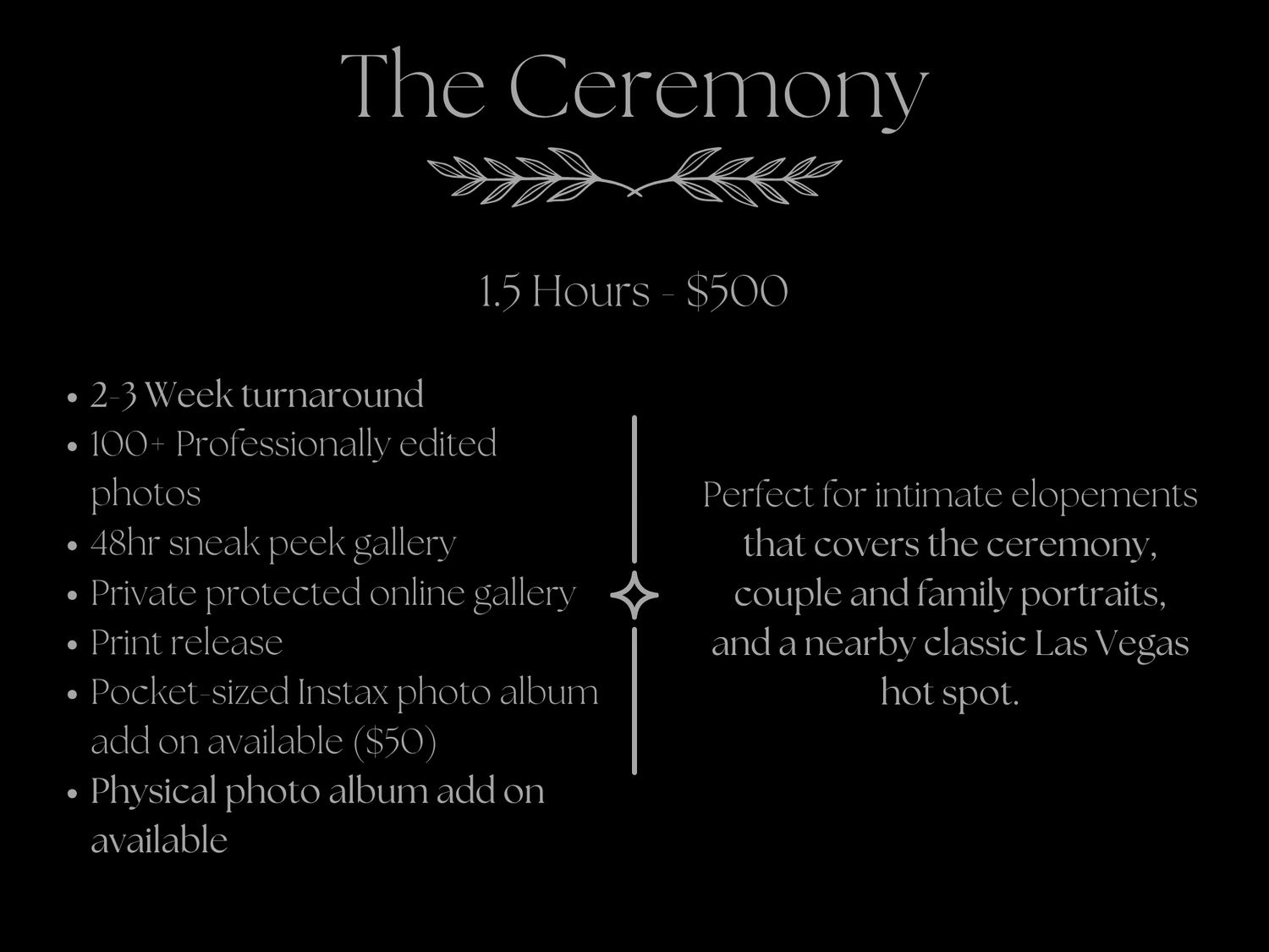 Elegant Las Vegas ceremony photography package flyer offering 1.5 hours for $500 with professional editing and gallery.