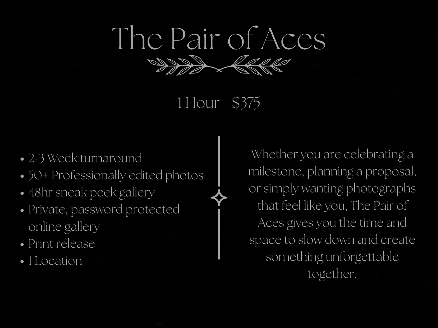Black promotional card for The Pair of Aces photography package offering 1 hour session for $375 with edited photos.