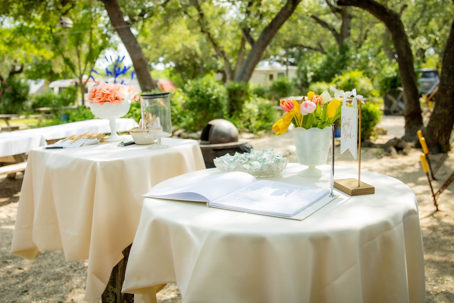 Elegant outdoor wedding guest tables with floral centerpieces under shady trees.