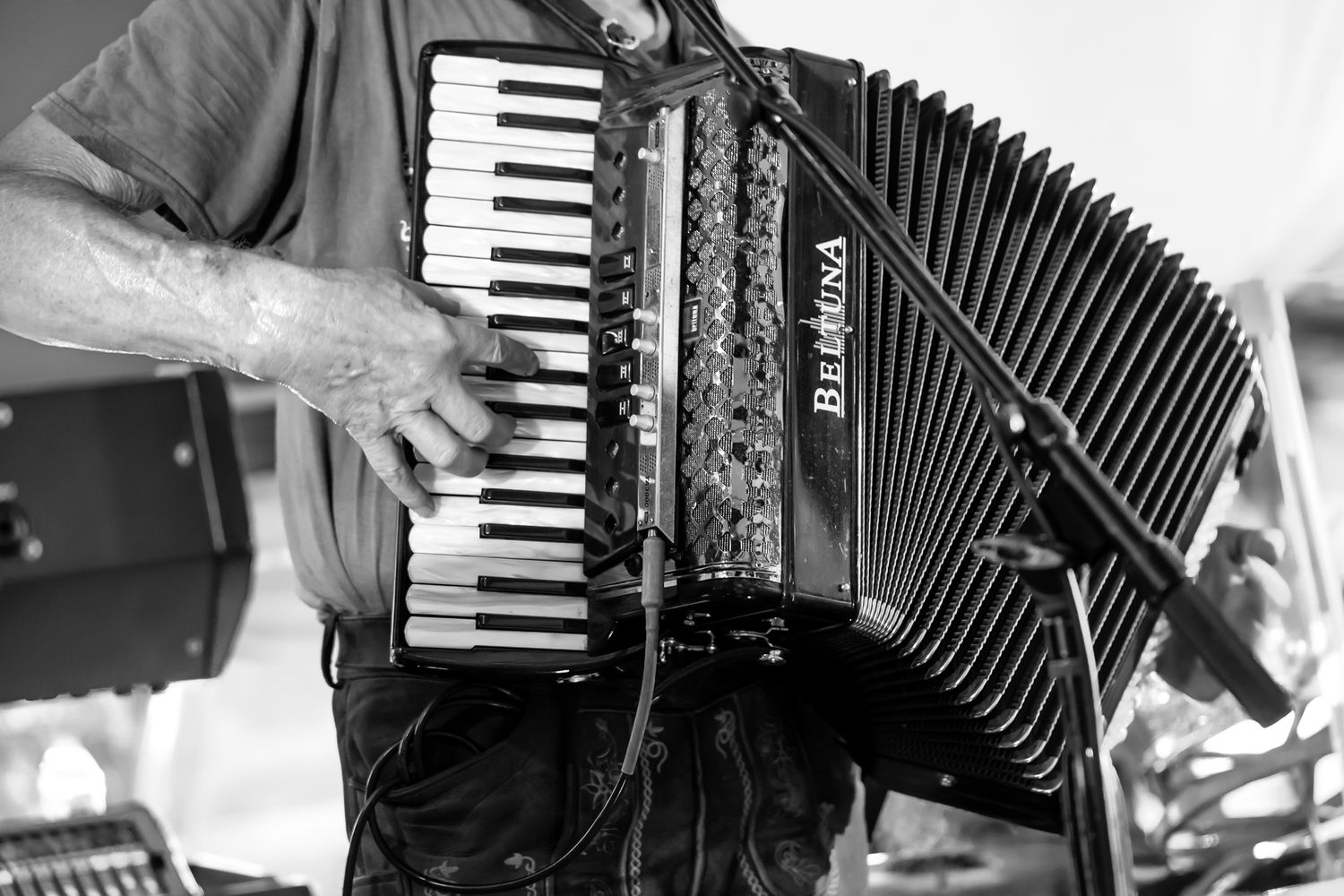 Musician playing a Bernina piano accordion in black and white photography.