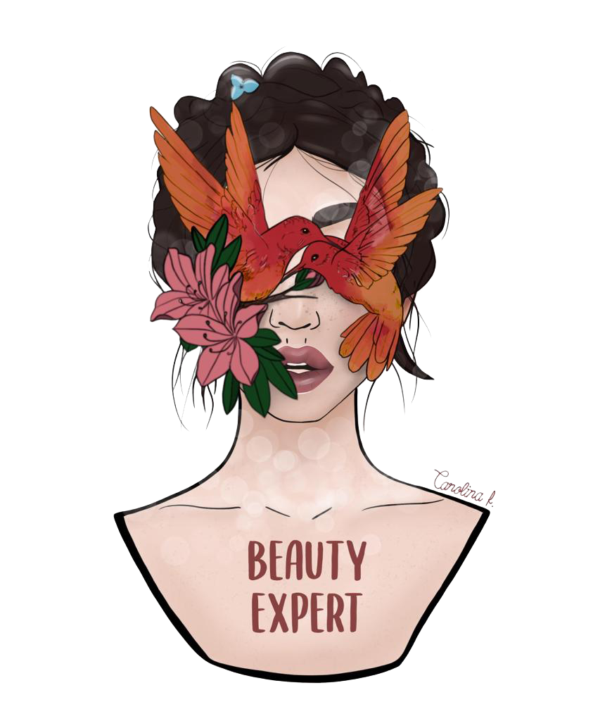 Artistic illustration showing a bust with hummingbird and floral elements overlaid on text reading 'Carolf Beauty Expert'.