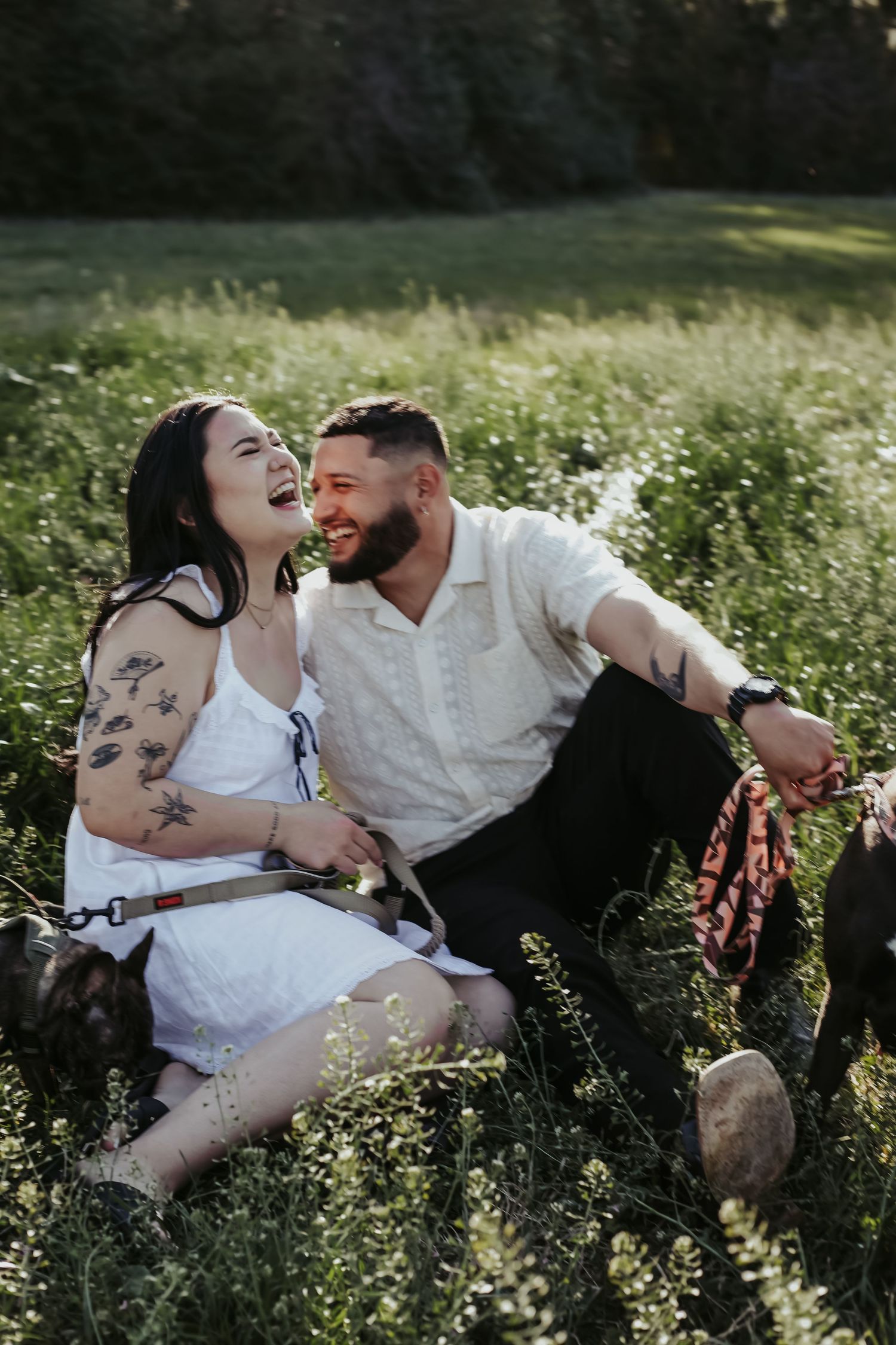 A laughing couple with tattoos sits in a sunny green meadow with their dogs, sharing a joyful outdoor moment.