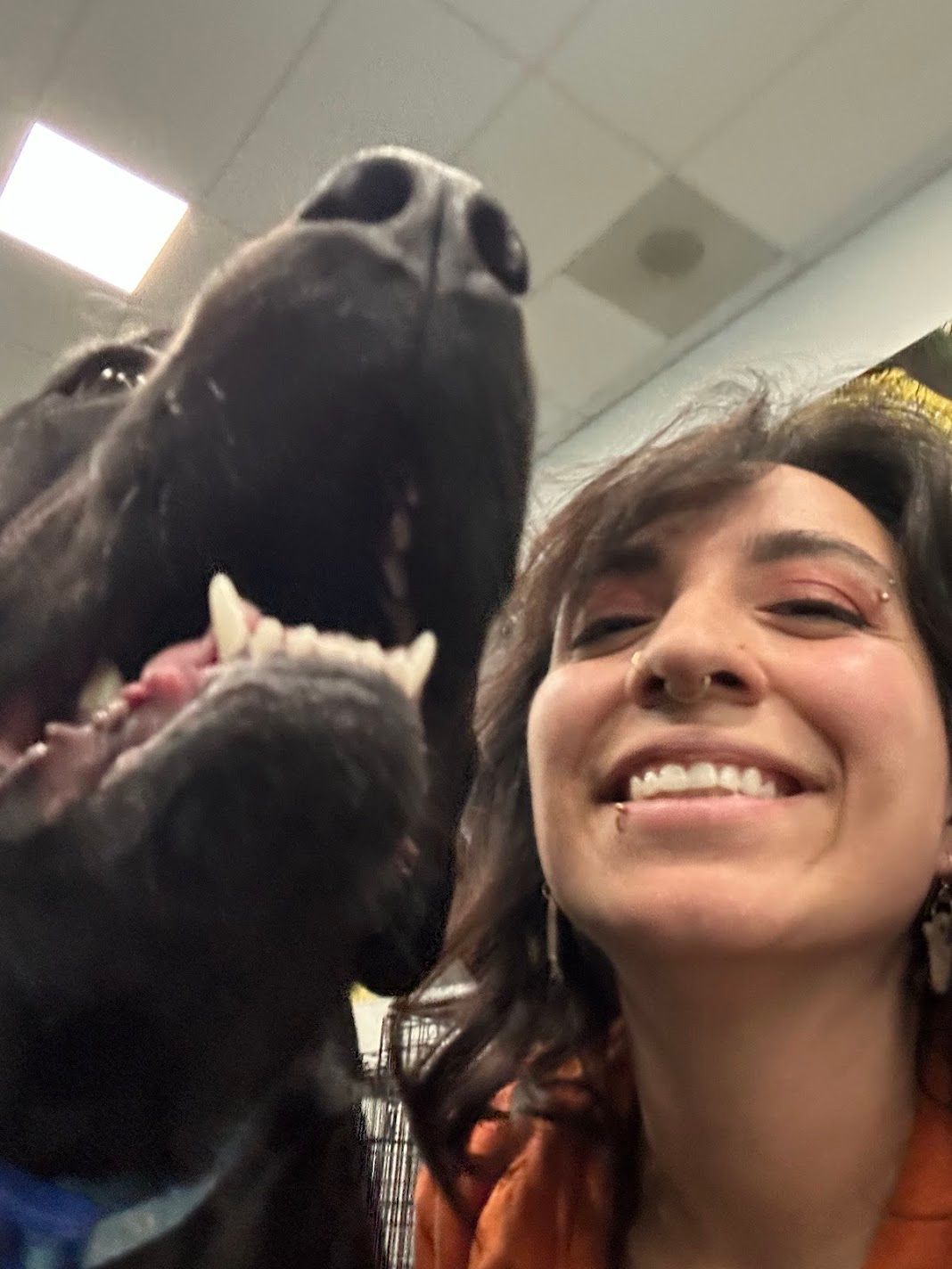 Woman smiling in a selfie with a large black dog hanging its open mouth playfully over her head.