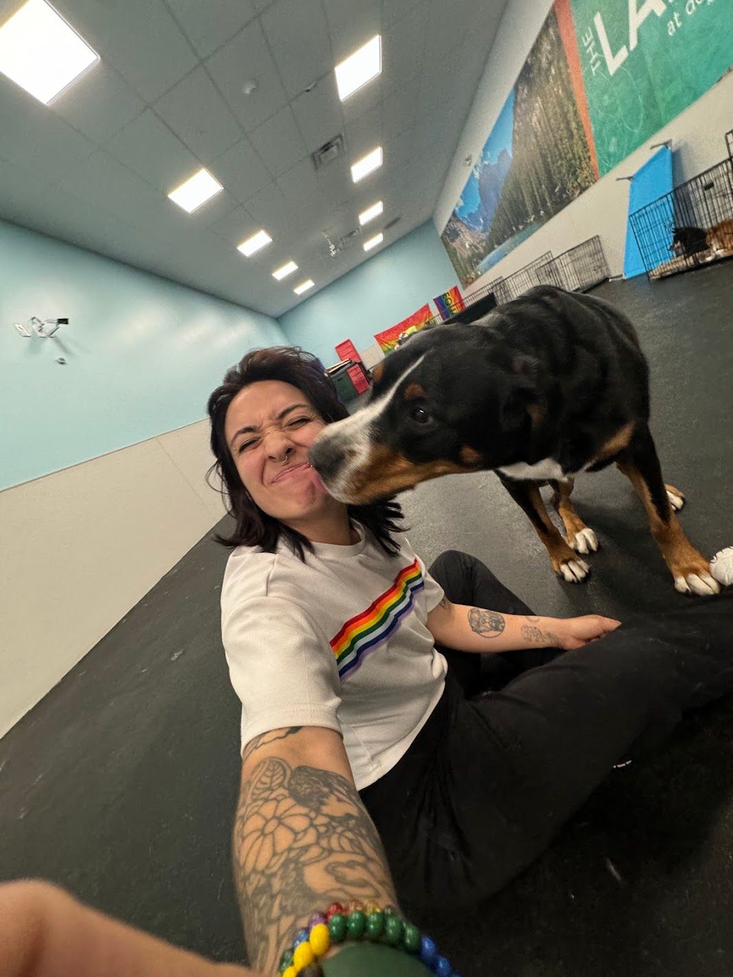 Woman with tattoos takes selfie with large Bernese mountain dog licking her face in a training facility.