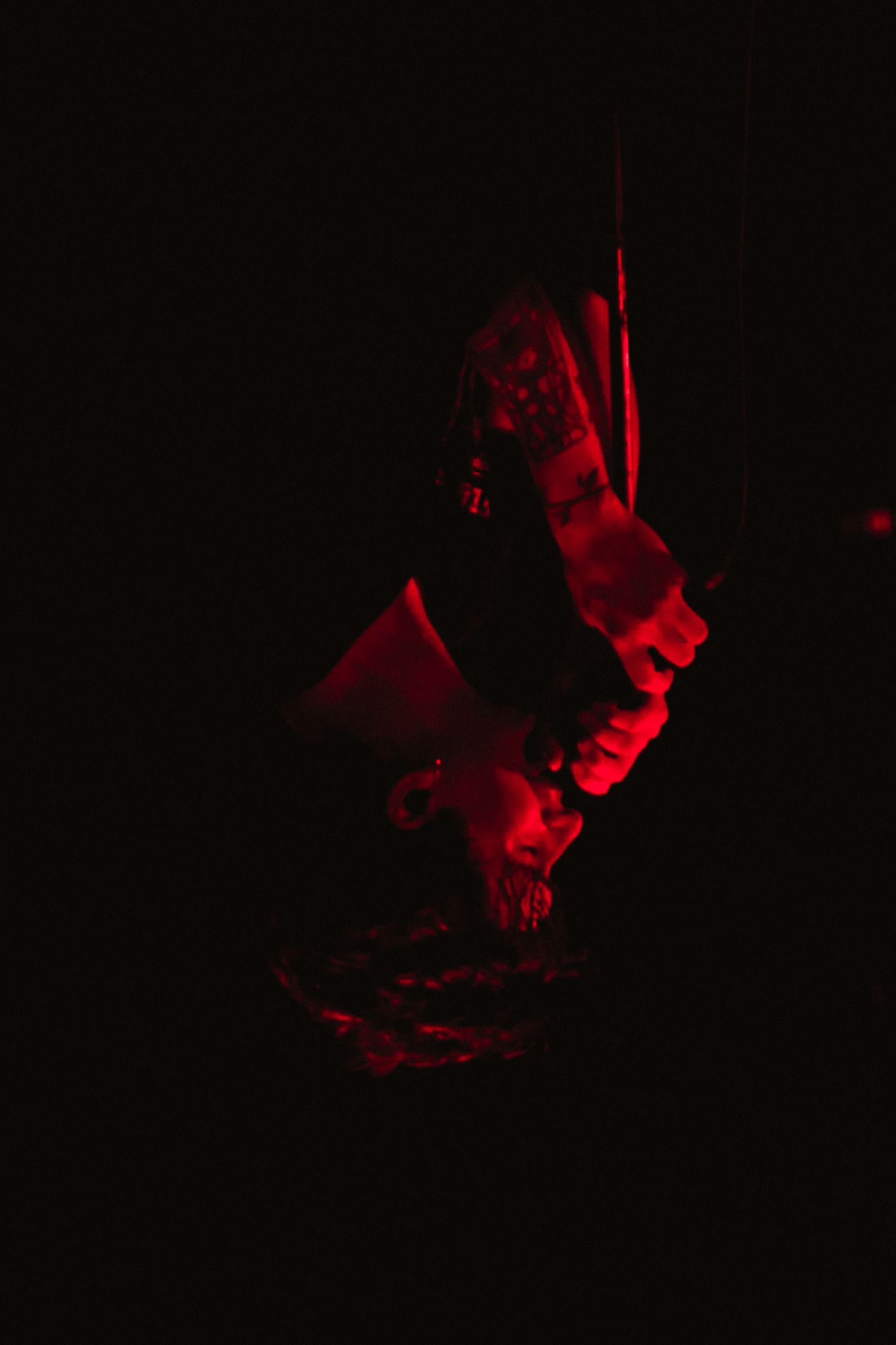 Dramatic red-lit silhouette of a guitarist playing electric guitar in near darkness at a live concert.