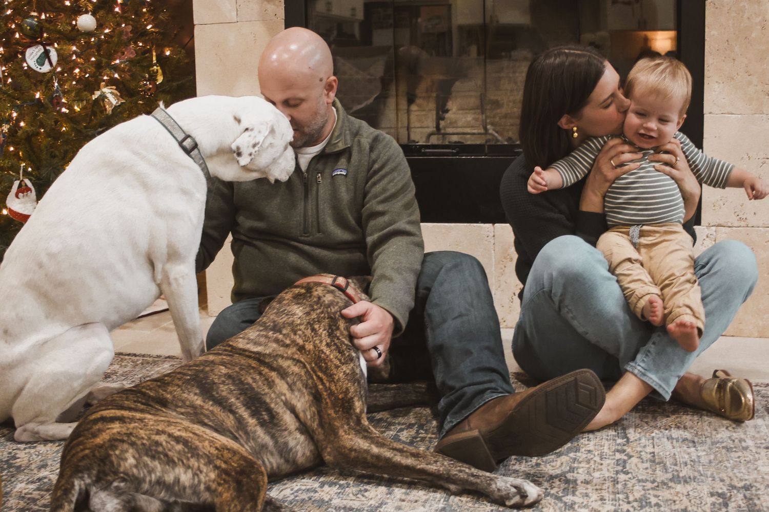 Family with two dogs sitting by a Christmas tree and fireplace, sharing a warm holiday moment indoors.