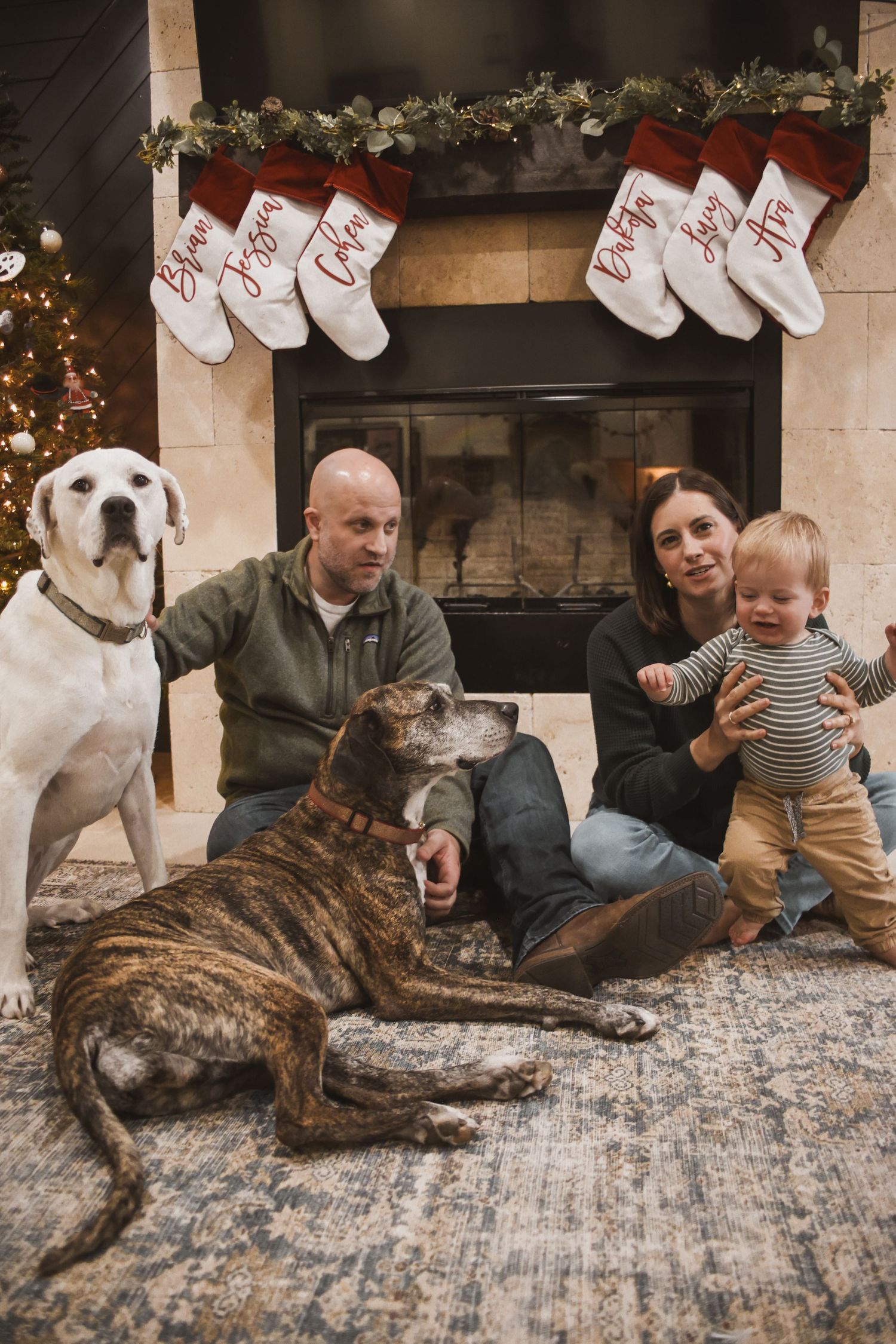 Family with two dogs poses by a decorated fireplace with Christmas stockings during the holiday season.