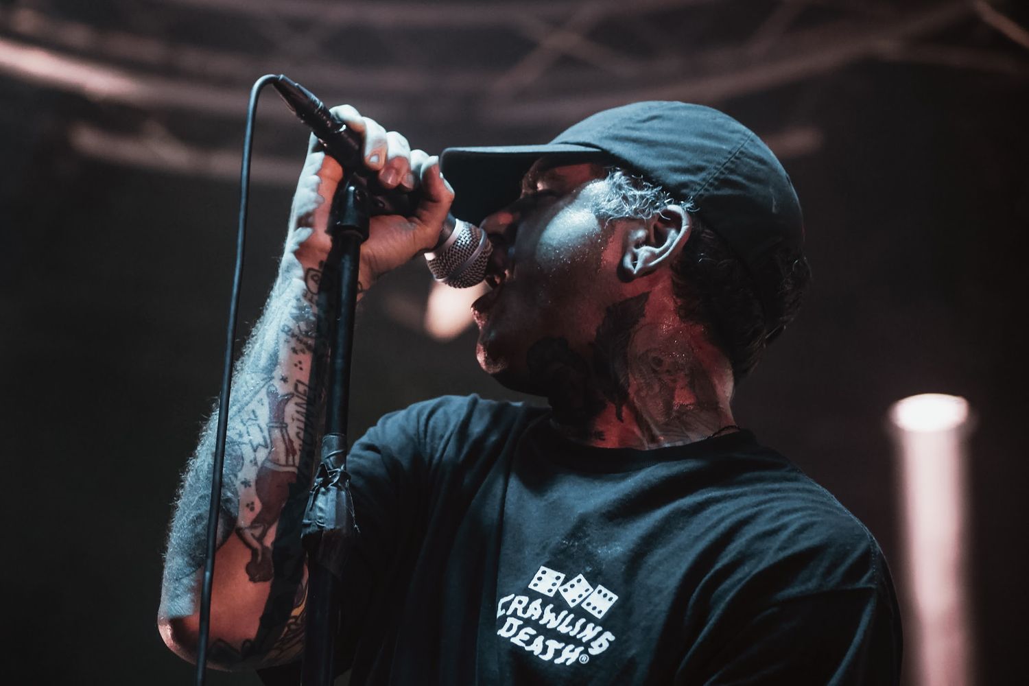 Heavily tattooed singer performing on stage wearing a black cap and shirt at a live concert.