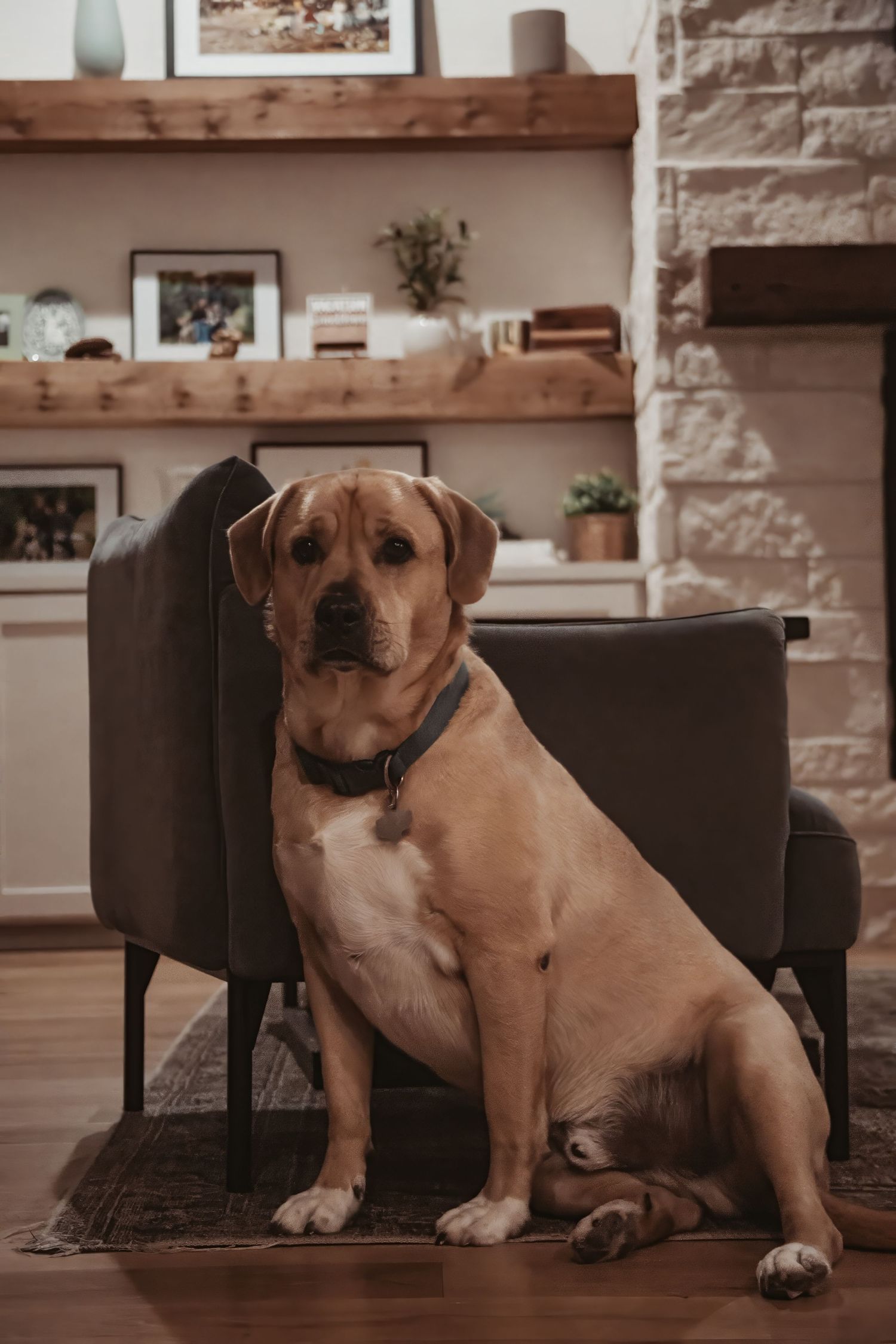 Tan Labrador mix dog sitting beside gray armchair in cozy home interior with wooden shelves.