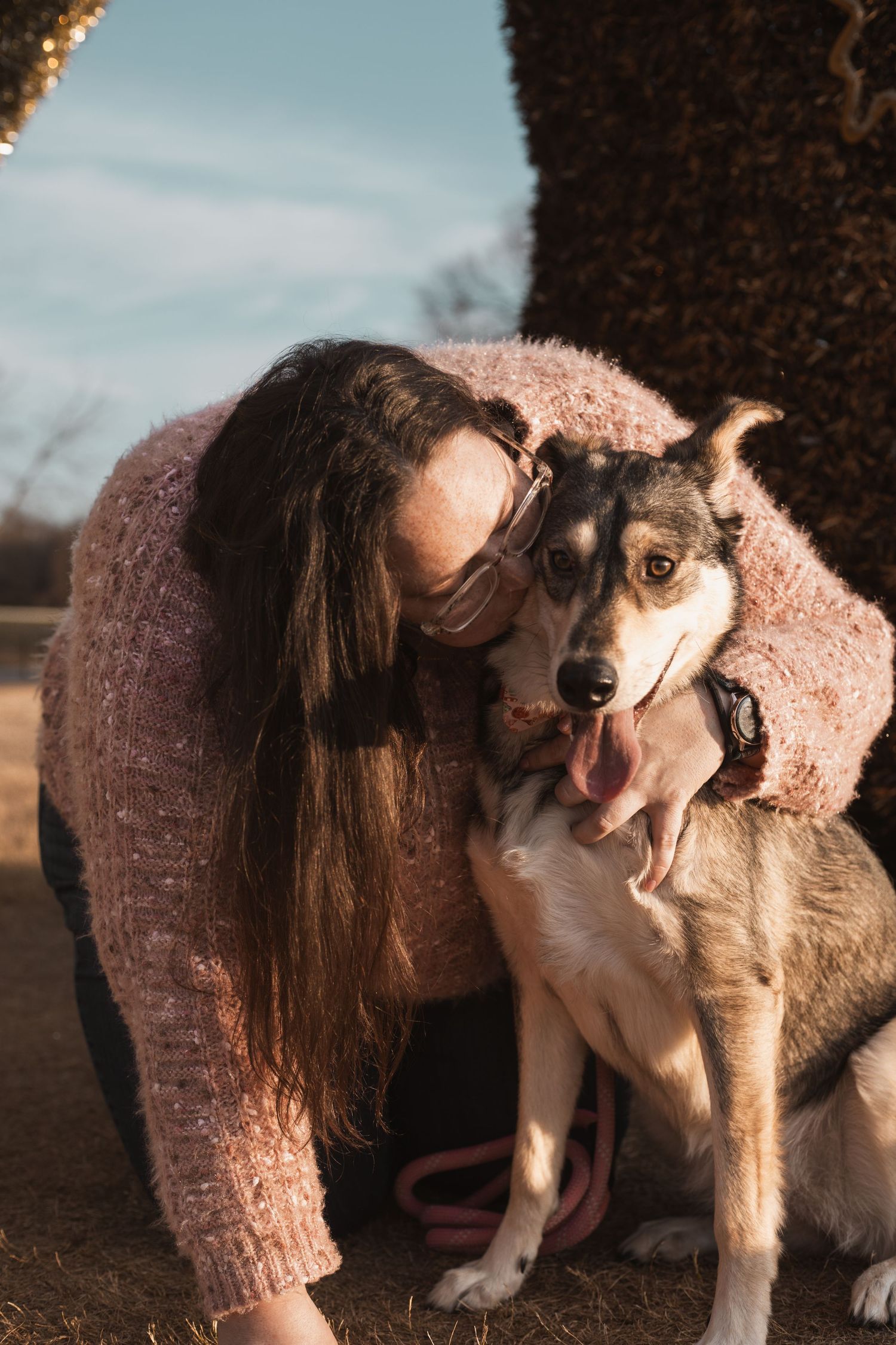 A woman in a pink sweater lovingly kisses her husky mix dog outdoors on a sunny day.