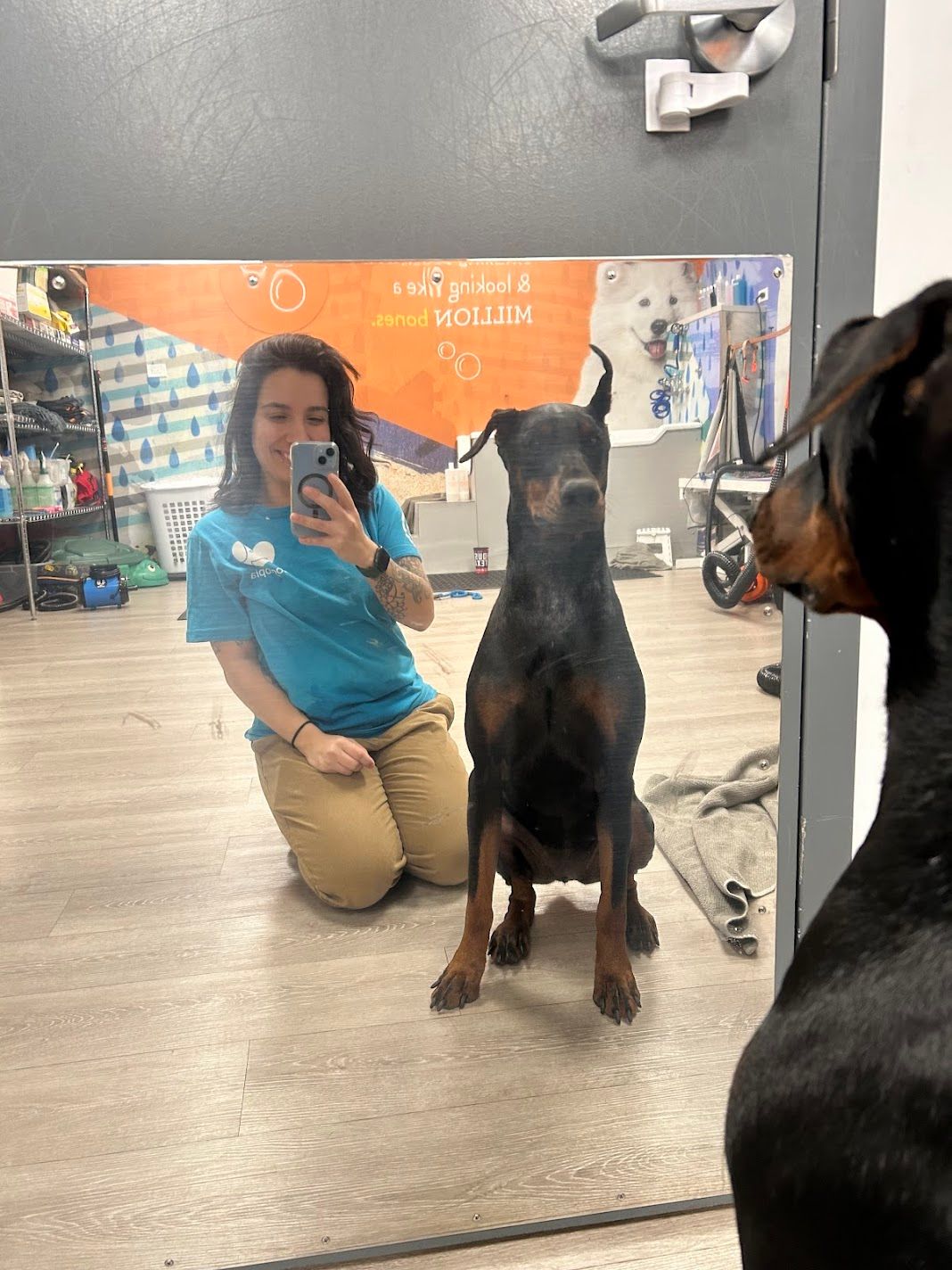 Woman in blue uniform kneeling beside Doberman Pinscher taking mirror selfie in pet grooming salon.