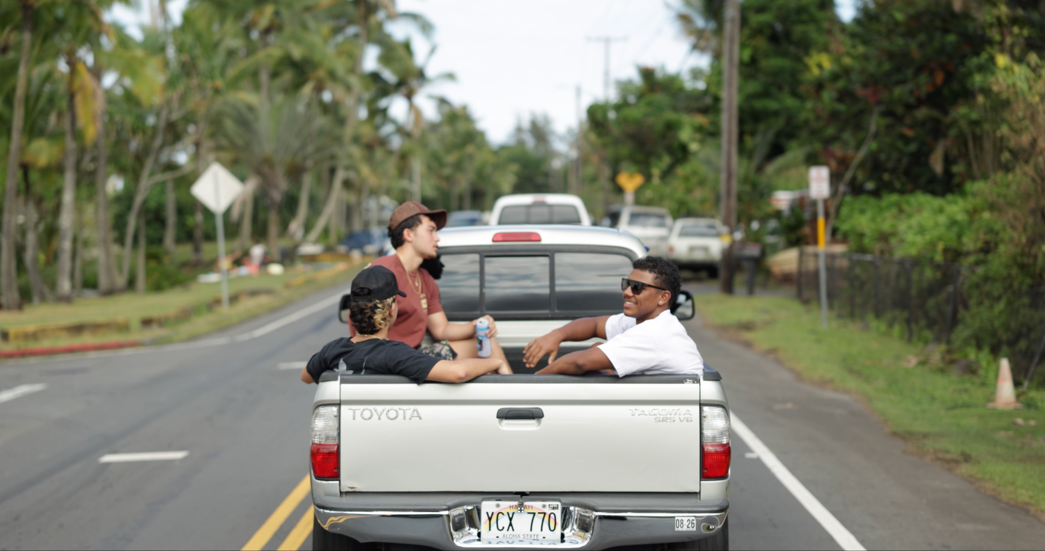 Pickup trucks driving down a rural palm tree-lined road.