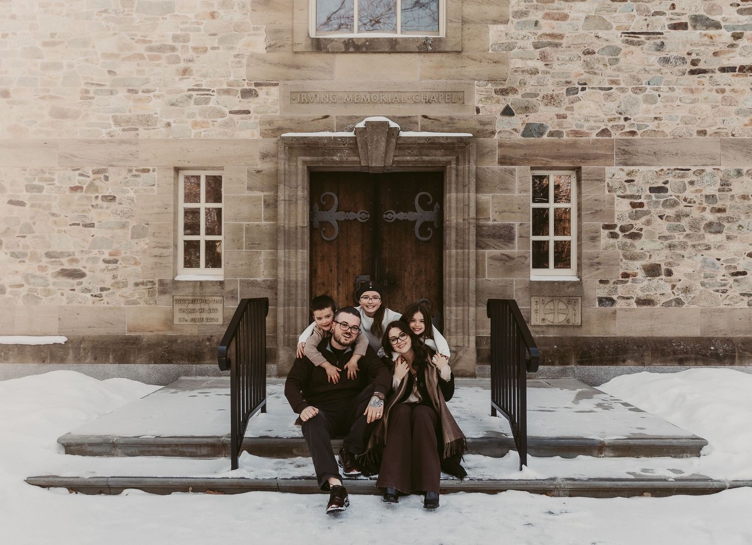 Moncton New Brunswick Maternity & Newborn photography winter family photoshoot in front of old brick building church