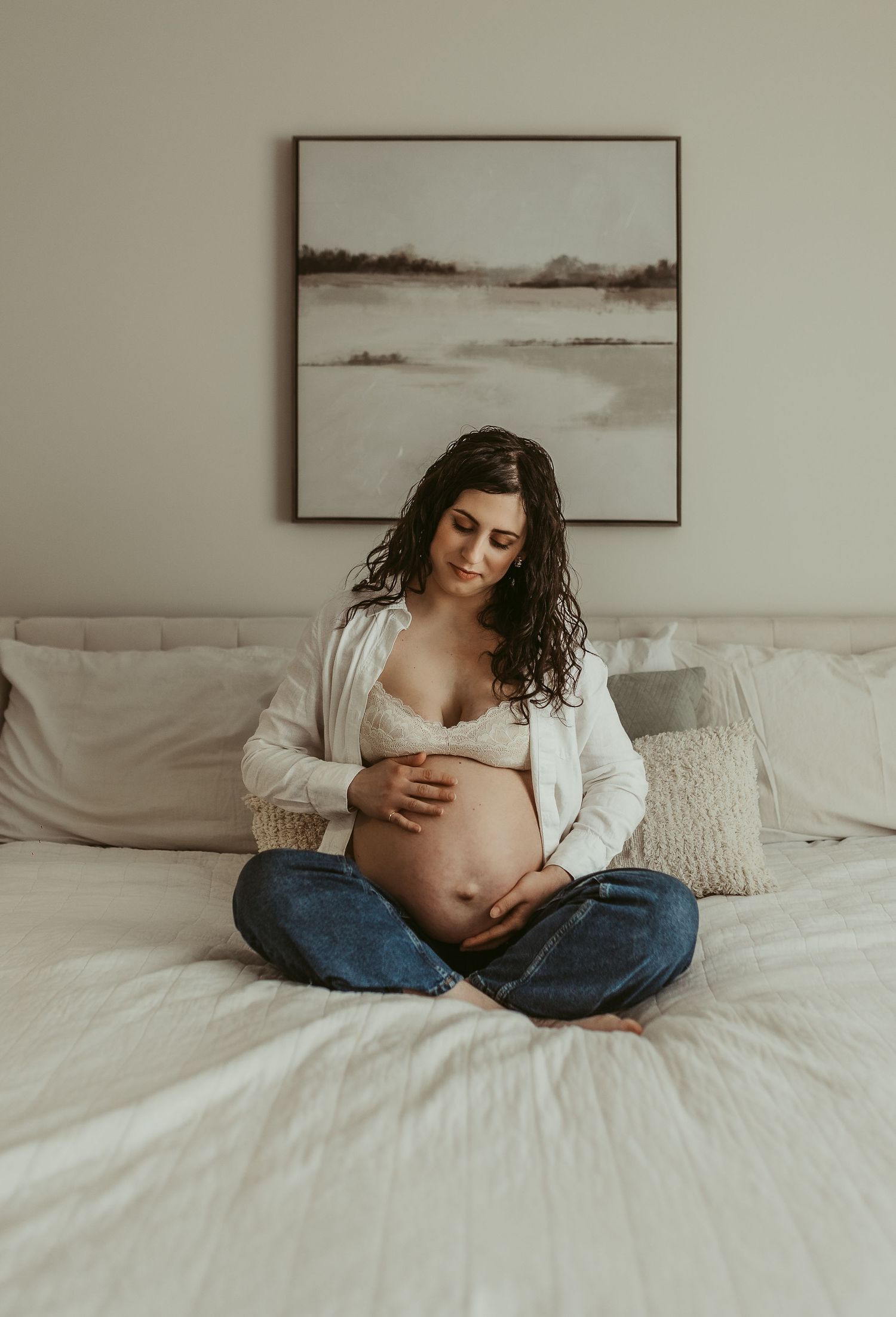 in home maternity photoshoot with warm tones