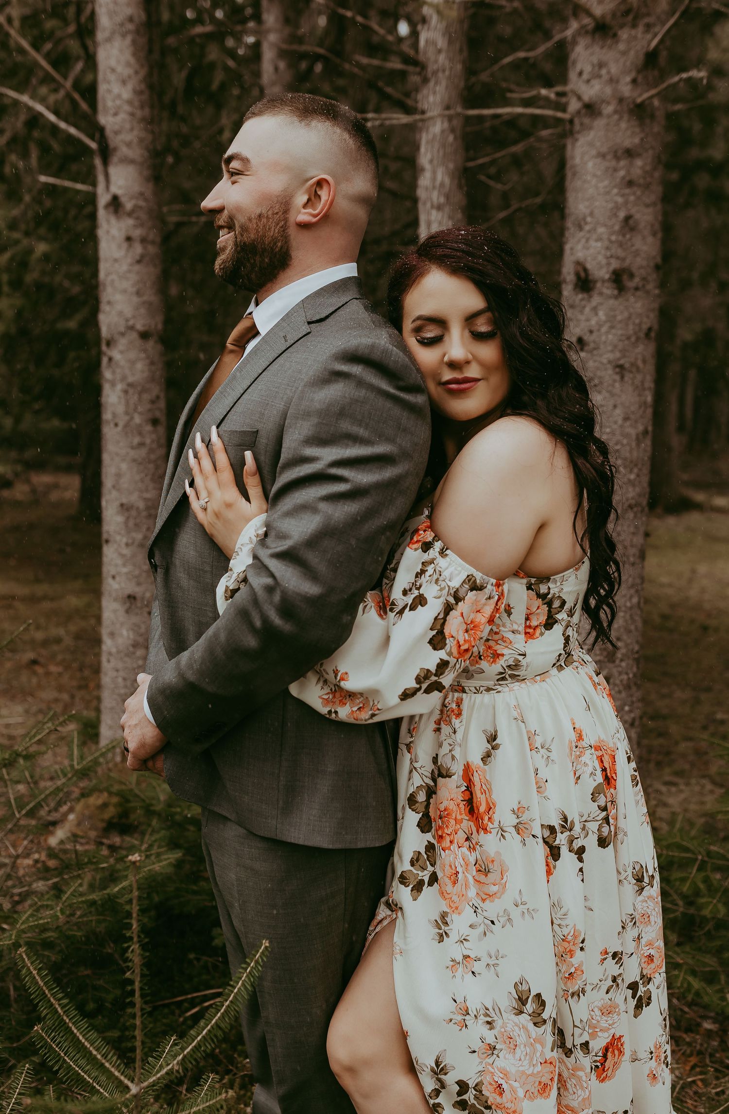 Winter wedding elopement photography floral wedding dress
