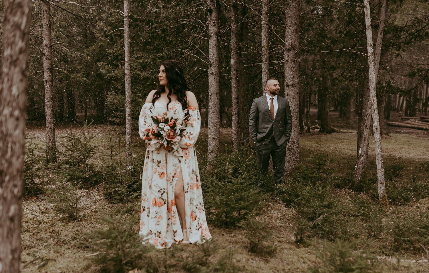 Winter wedding elopement photography floral wedding dress