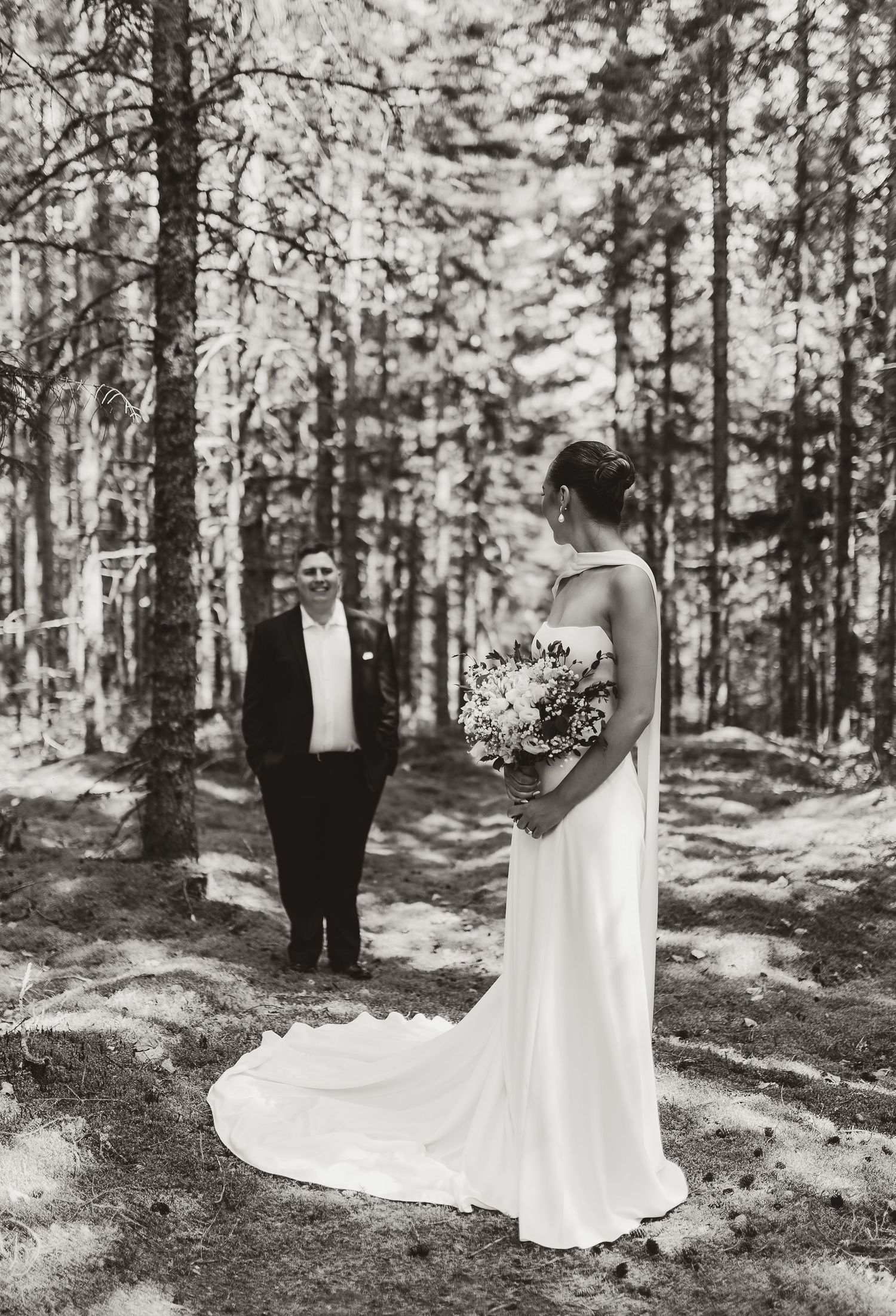 black and white bride and groom forrest