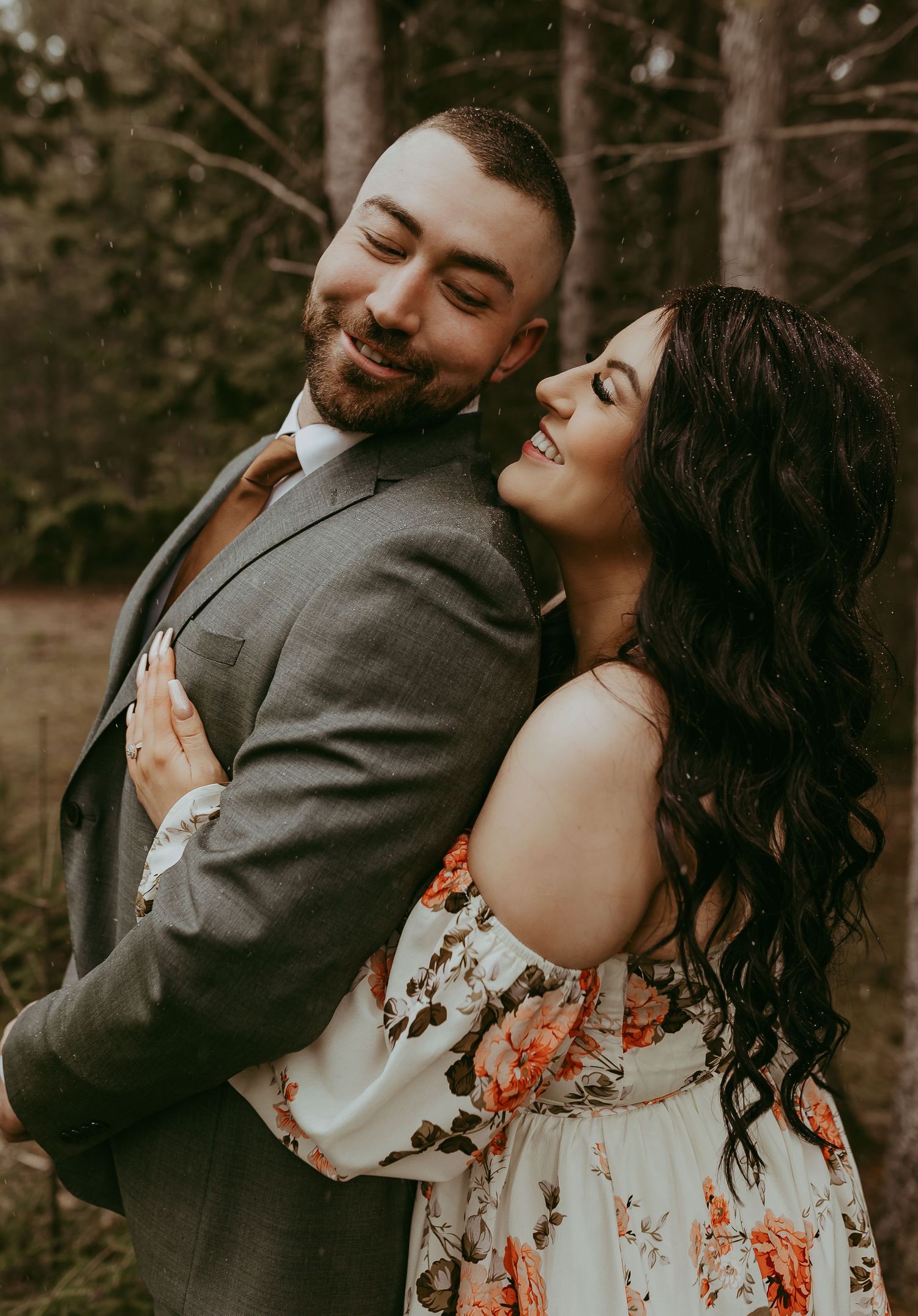 Winter wedding elopement photography floral wedding dress