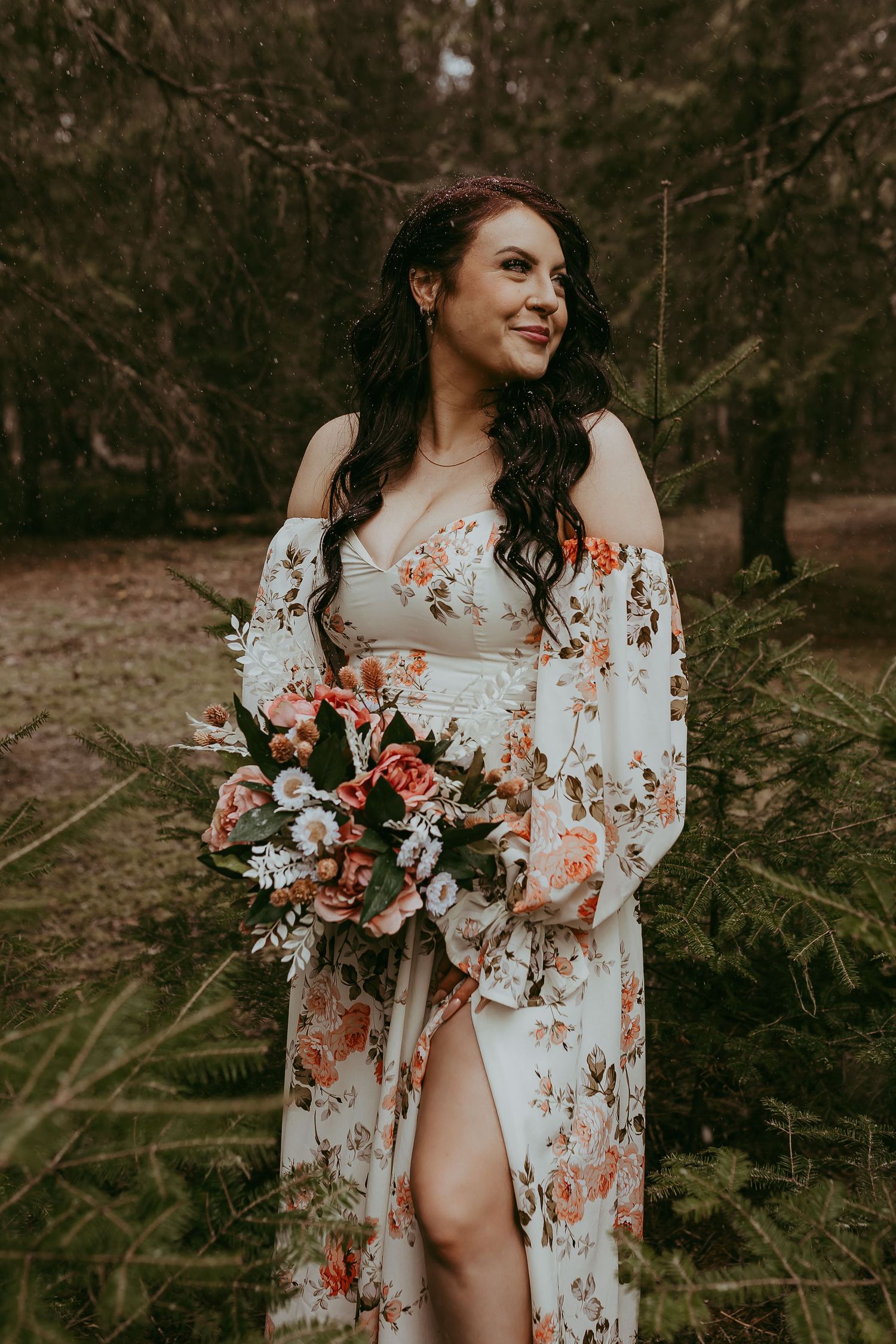 Winter wedding elopement photography floral wedding dress