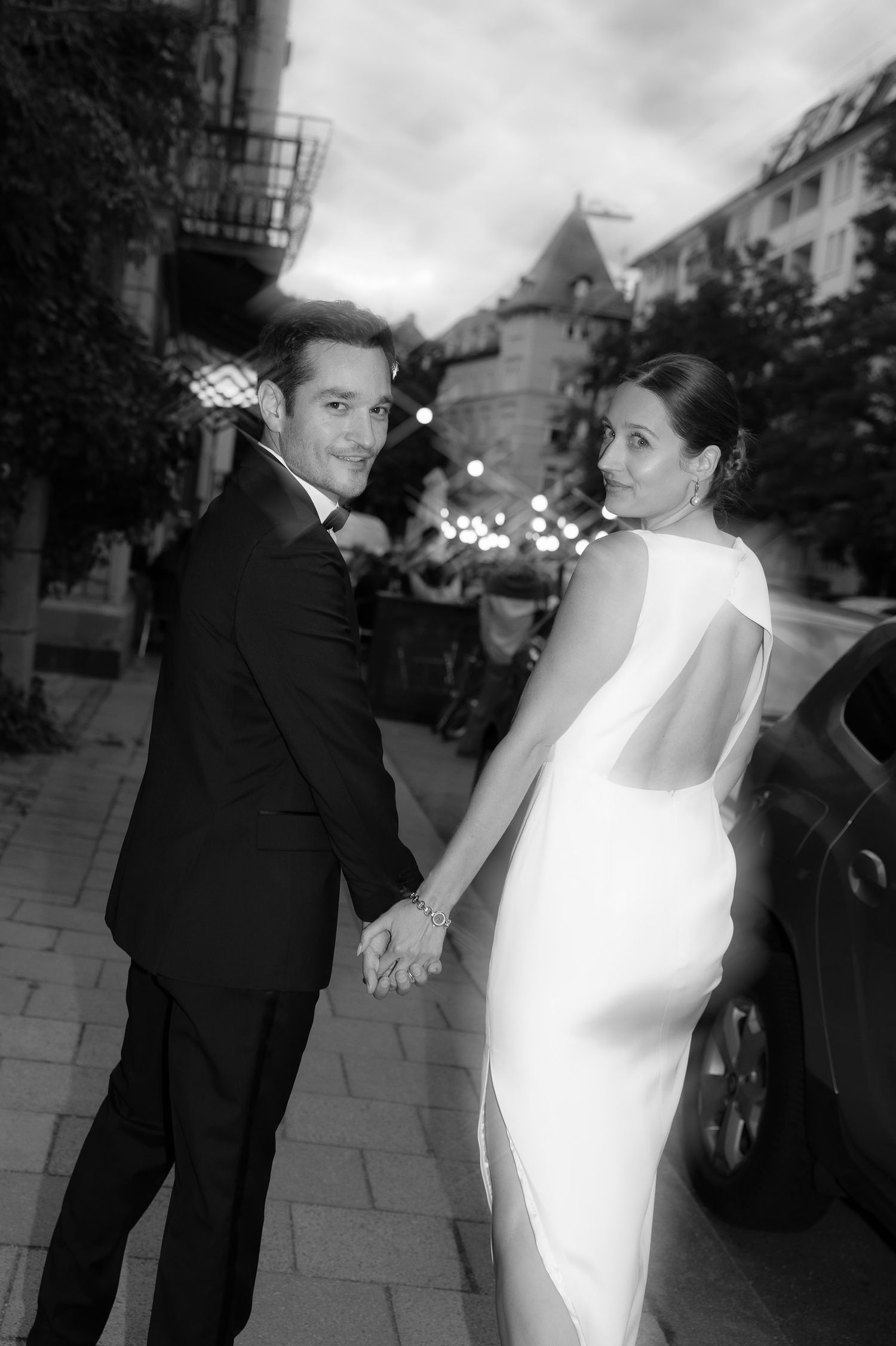 Couple walking together through the city in a candid portrait