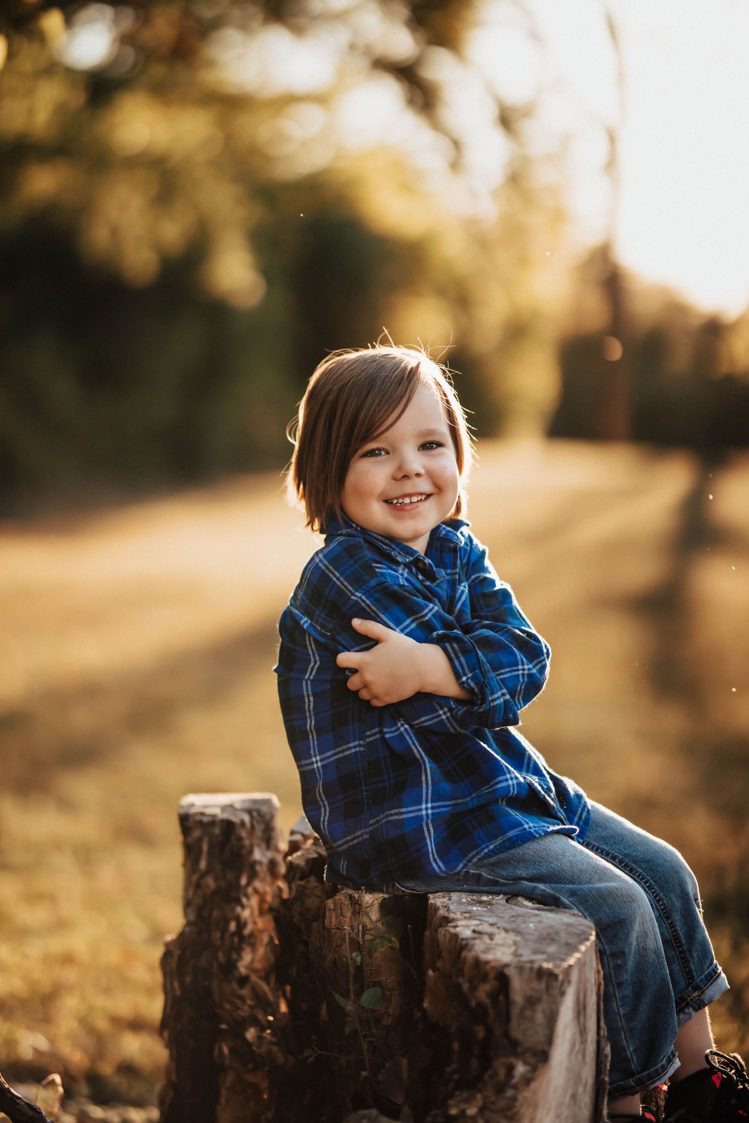 Happy young boy in blue plaid shirt sitting on tree stump during golden hour outdoor portrait.