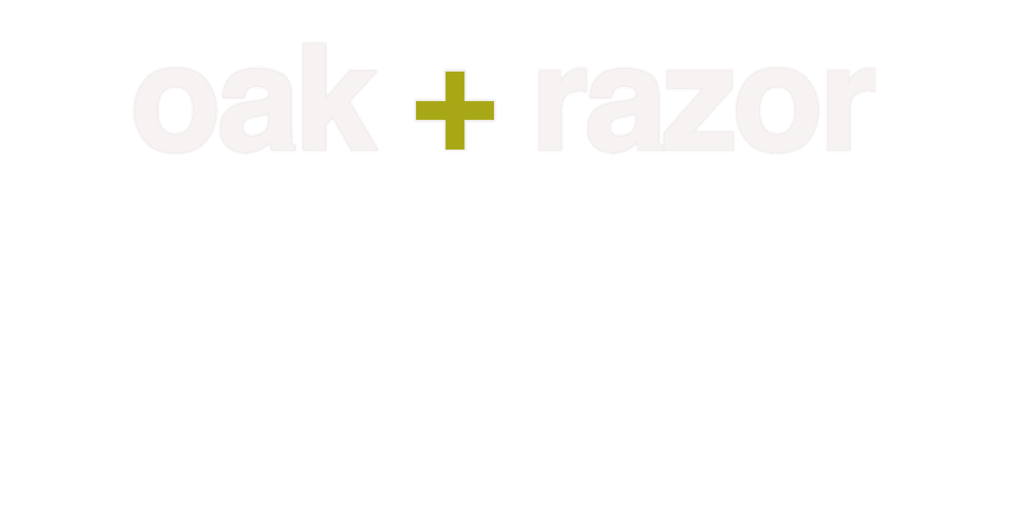 Oak and Razor brand logo in white and olive green on a dark background.