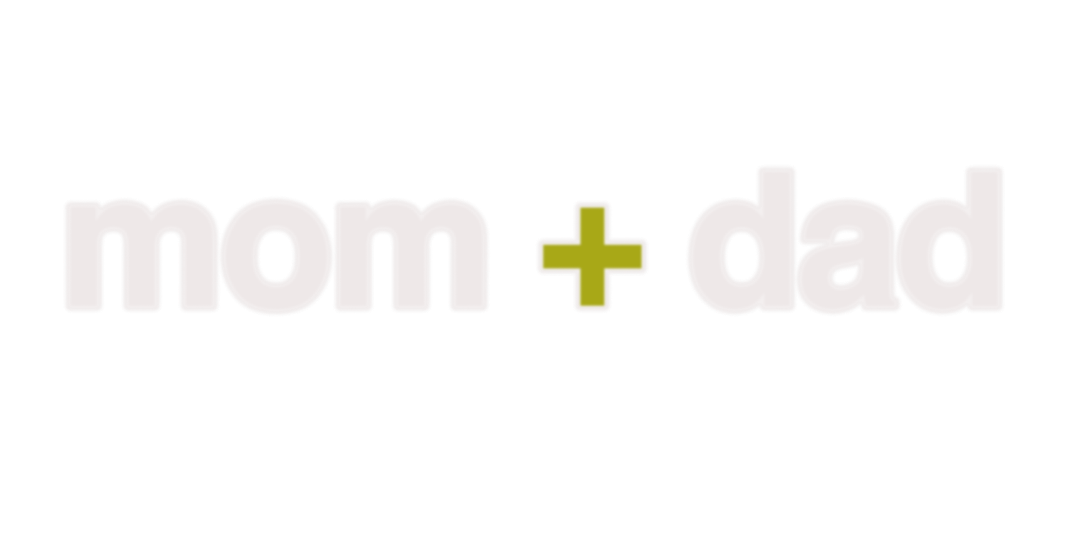 Simple minimalist logo design featuring mom plus dad text in light gray and olive green colors.