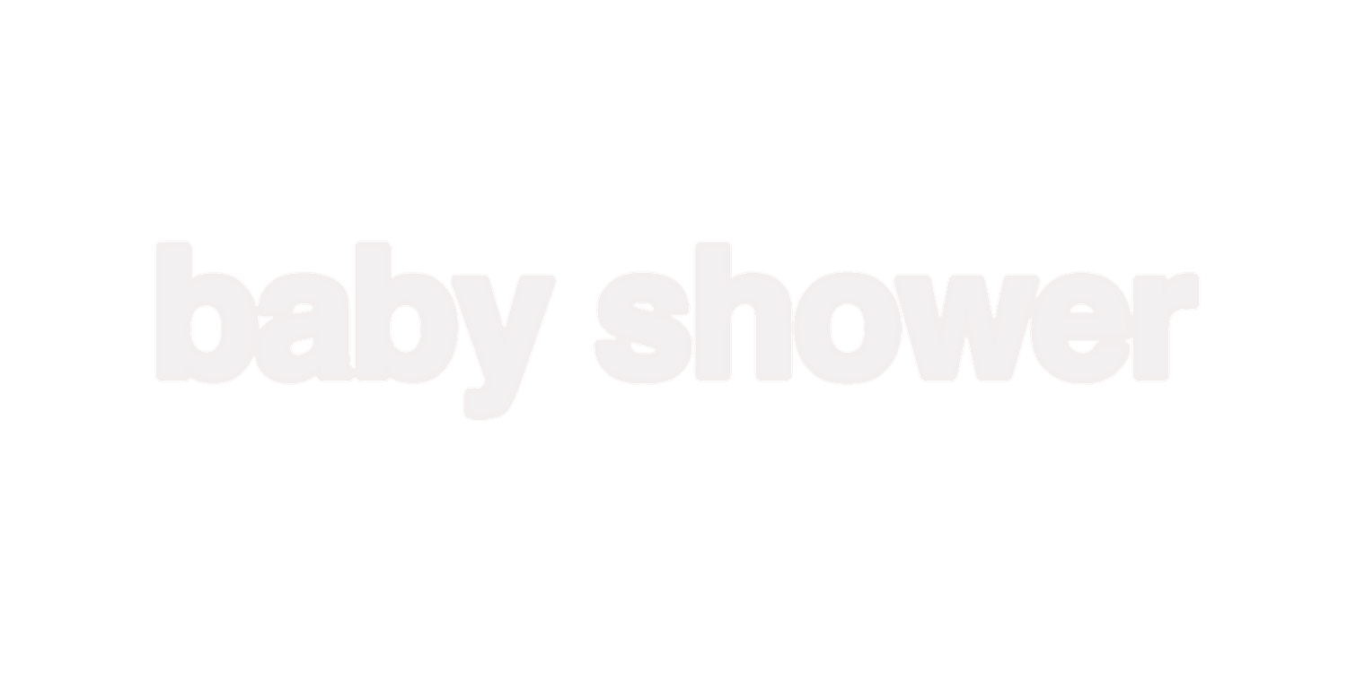 Minimalist white text reading baby shower on a clean white background.