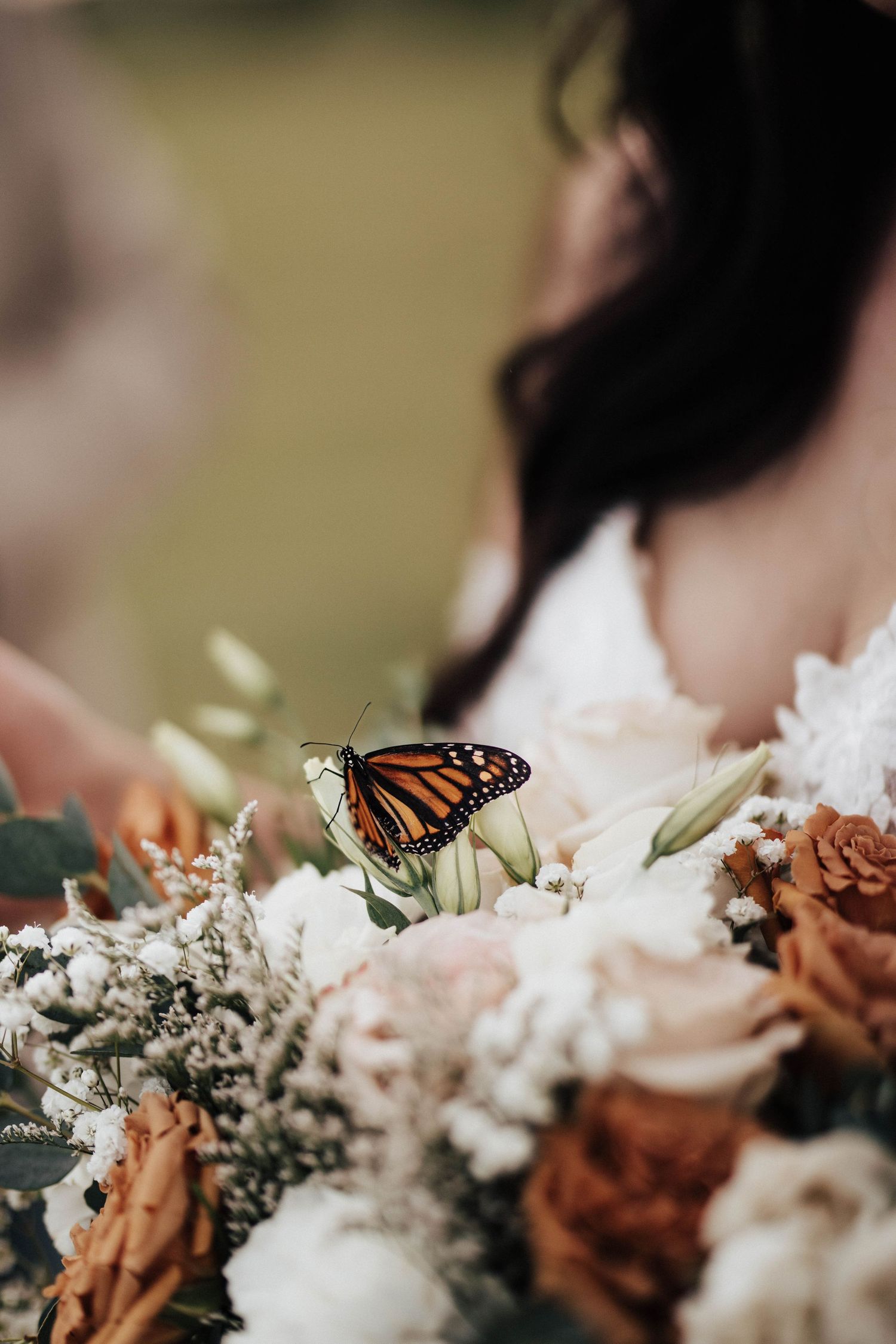 Monarch butterfly perched on a bridal bouquet of white and terracotta roses with greenery.