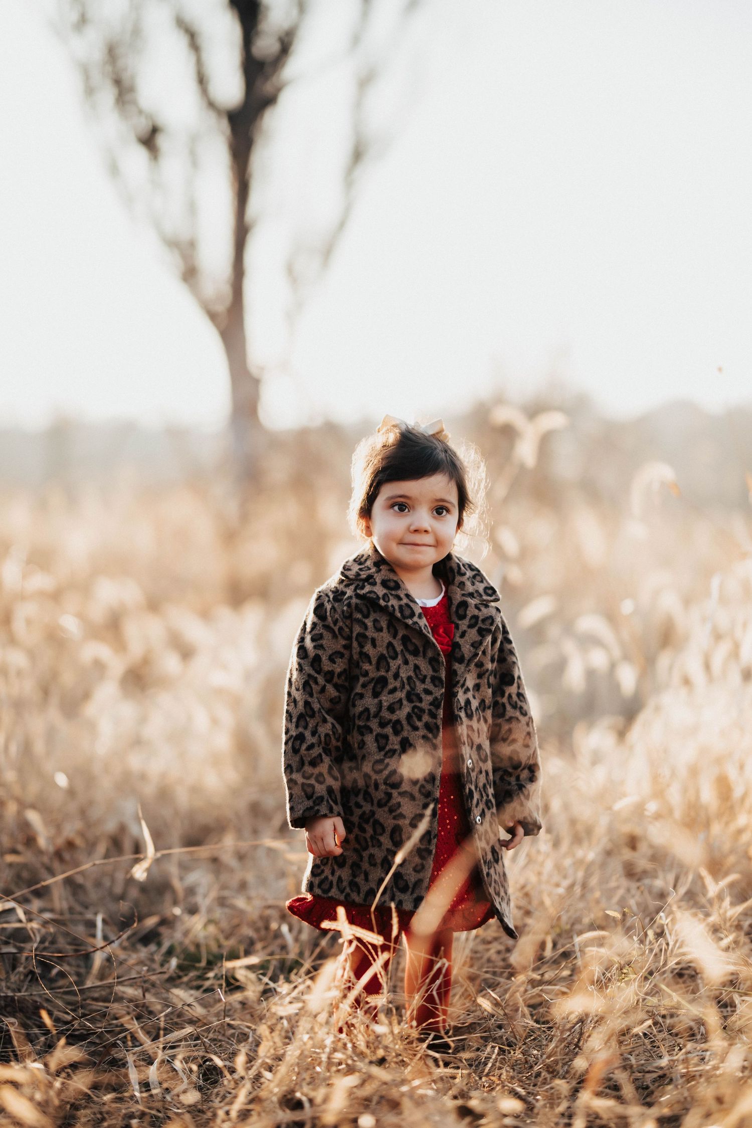 Adorable toddler girl in leopard coat standing in golden autumn field.