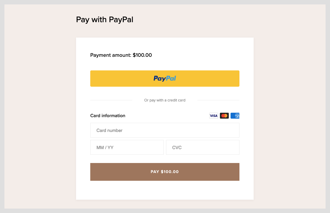 PayPal payment form showing $100 payment amount with credit card input fields for card number, MM/YY, and CVC.