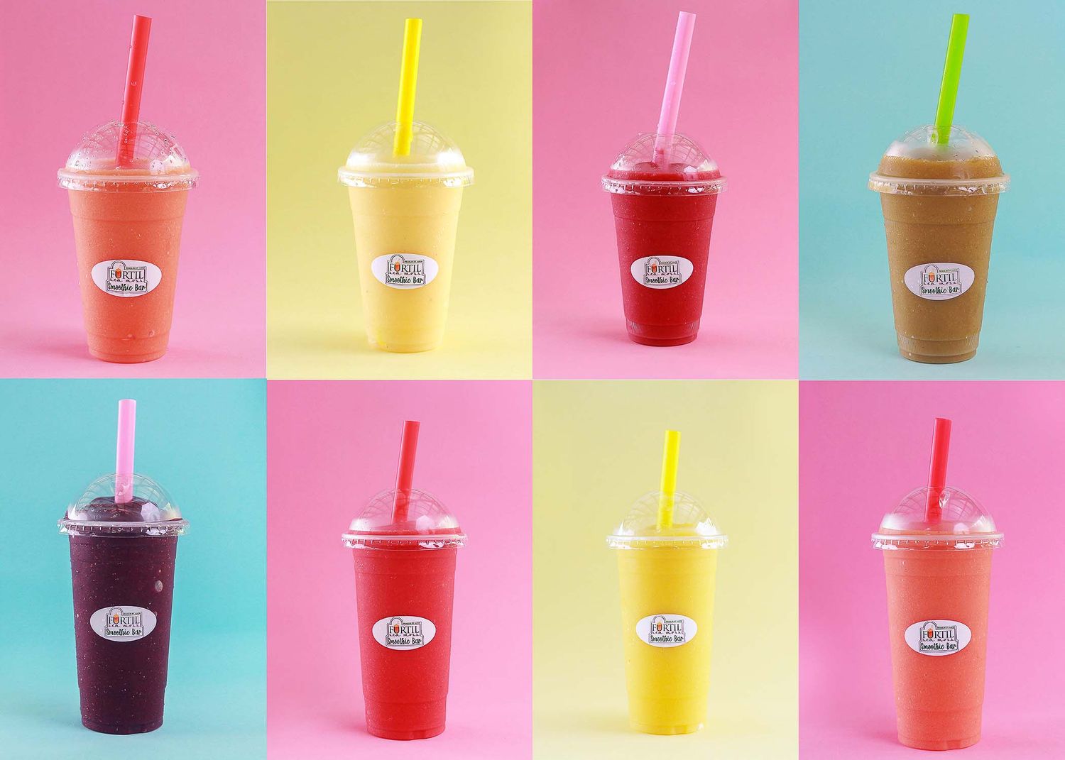 Eight colorful smoothie drinks in clear plastic cups with lids and straws on vibrant pastel backgrounds.