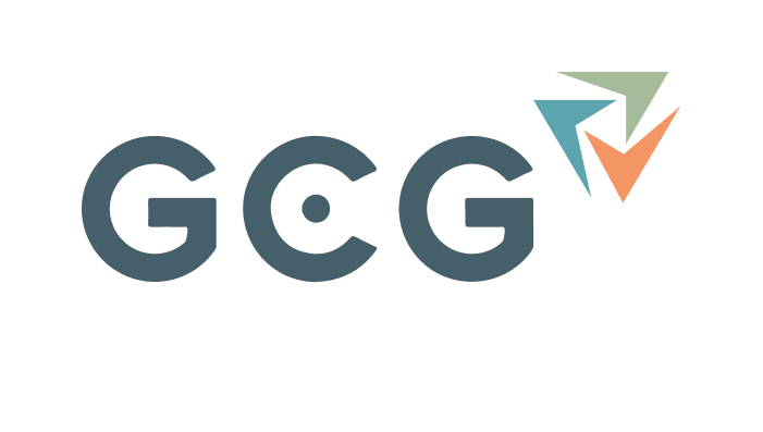 GCG company logo featuring bold dark teal letters and a colorful geometric arrow icon in teal, green, and orange.