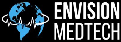 Envision MedTech logo featuring a globe with a heartbeat line and bold white text on a black background.