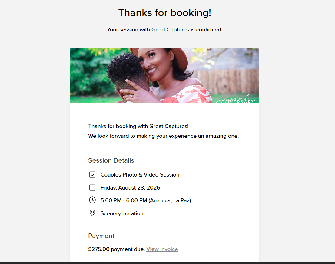 A booking confirmation email for a couples photo and video session with Great Captures on August 29, 2024, in La Paz.