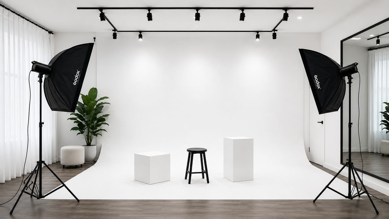 Bright photography studio setup with white seamless background, professional softbox lights, and minimalist props.