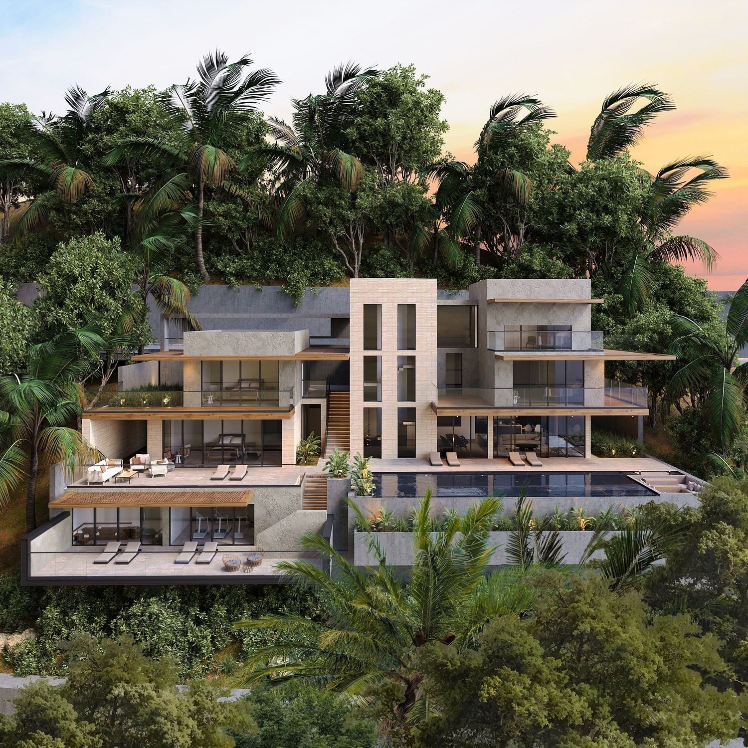 Luxury modern villa with multi-level terraces, infinity pool, and lush tropical palm trees at sunset.