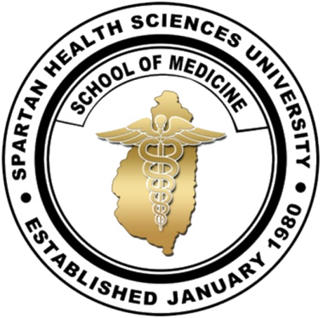 Spartan Health Sciences University School of Medicine official seal, established January 1980, featuring caduceus symbol.