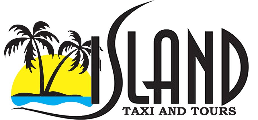 Island Taxi and Tours logo featuring tropical palm trees, a sunset, and bold black lettering on a white background.
