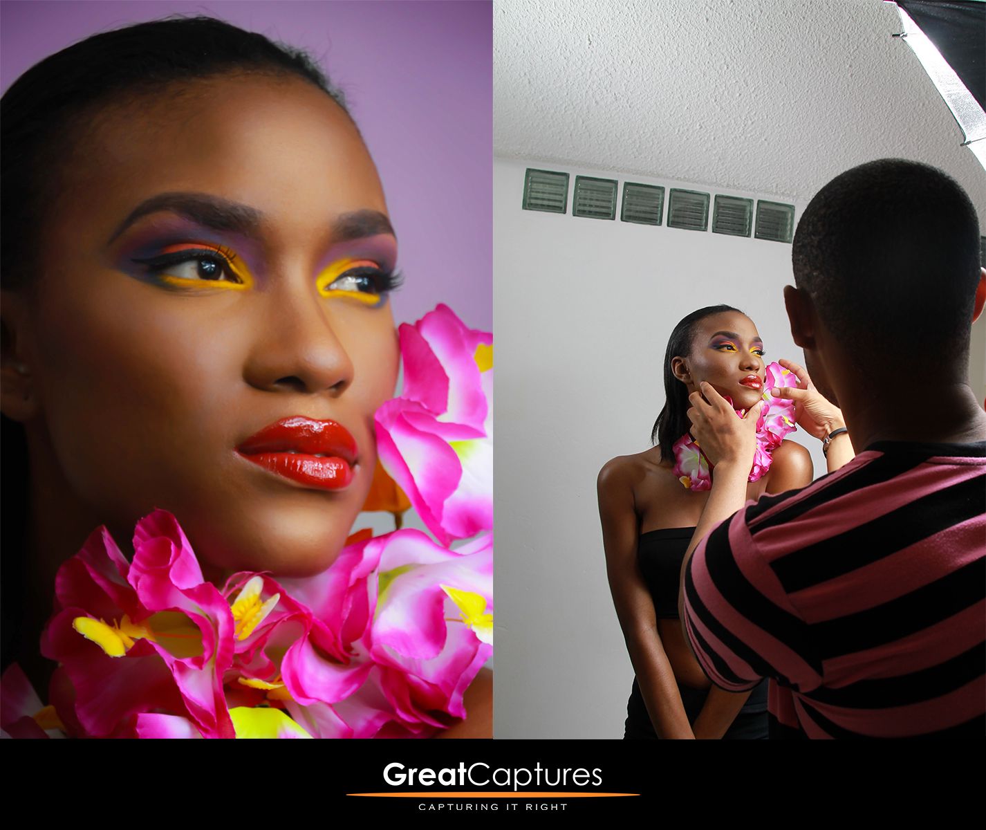 Bold colorful makeup portrait of a woman with pink flowers beside a behind-the-scenes shot.