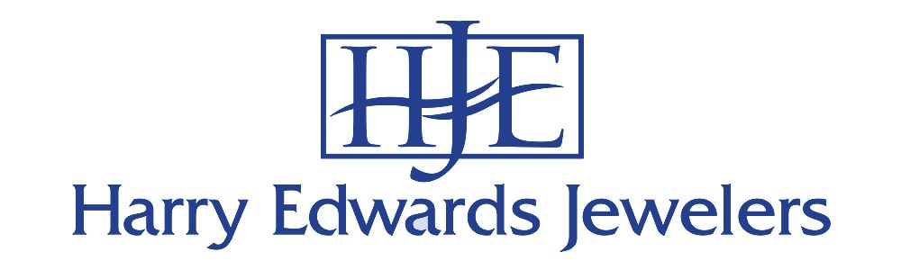 Harry Edwards Jewelers logo featuring elegant blue monogram initials HJE above the brand name in classic serif typography.