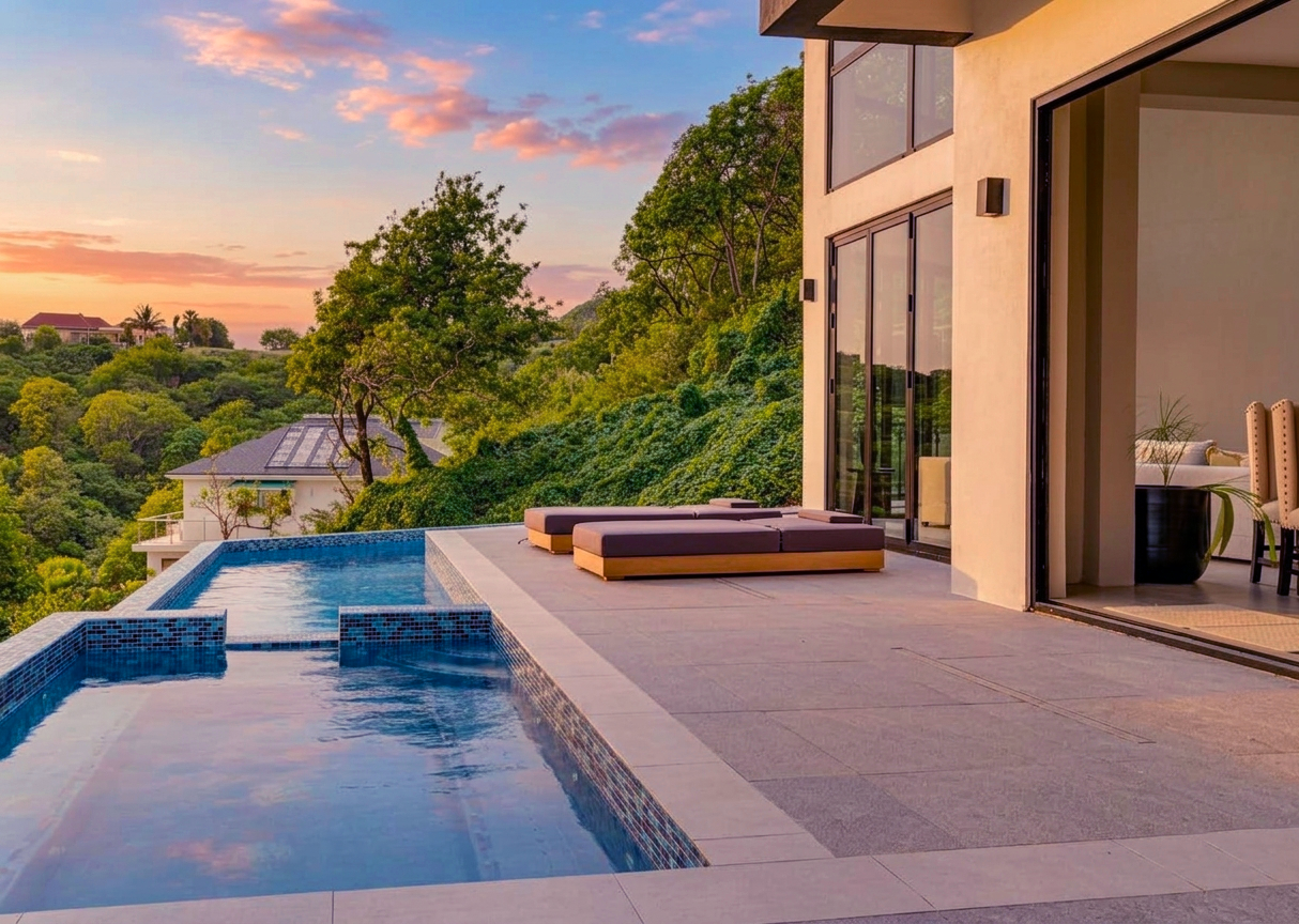 Luxury infinity pool and terrace with sun loungers at sunset, surrounded by lush greenery and hillside views.