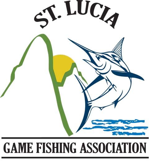 St. Lucia Game Fishing Association logo featuring a leaping marlin, twin peaks, and a yellow sun on white background.